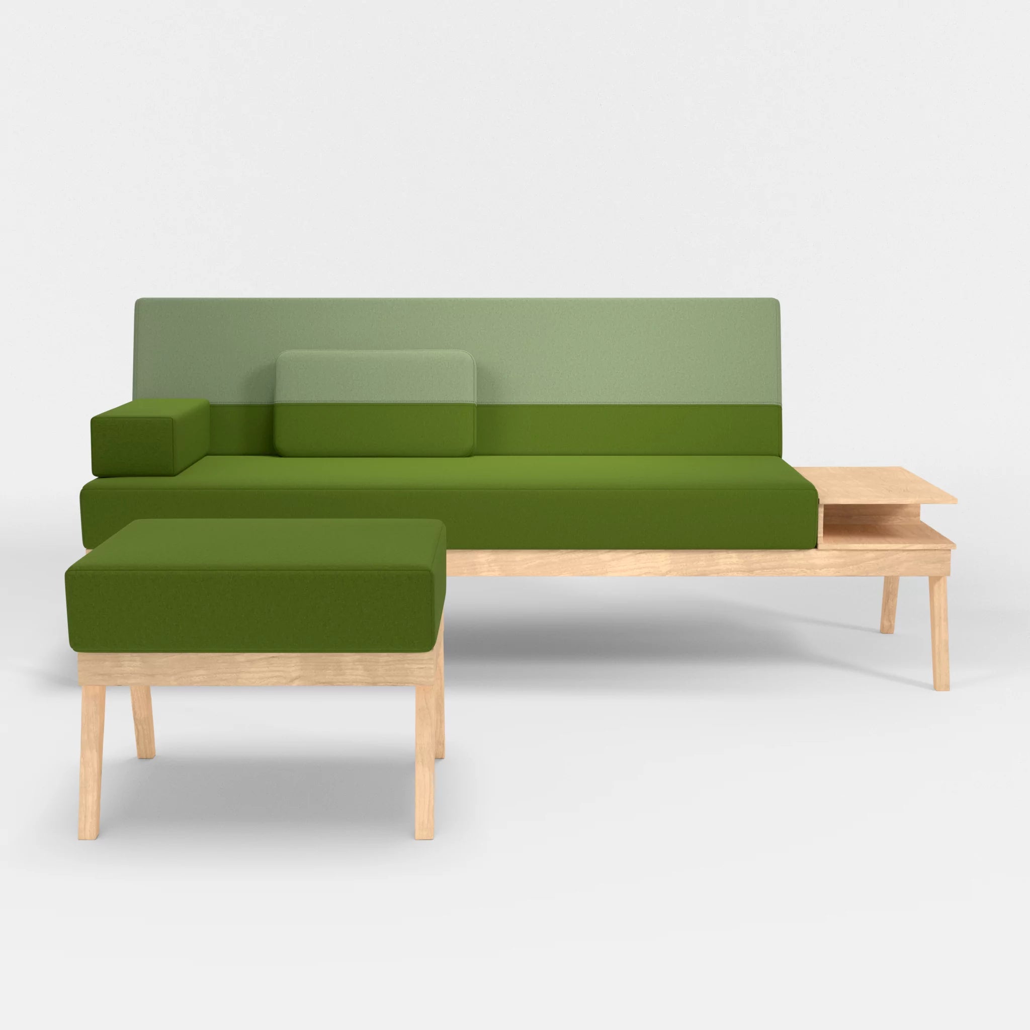 3er Sitzsofa Bauz mit Ablage rechts und Pouf dama0027-dama0042 in Grün und Hellgrün von vorne