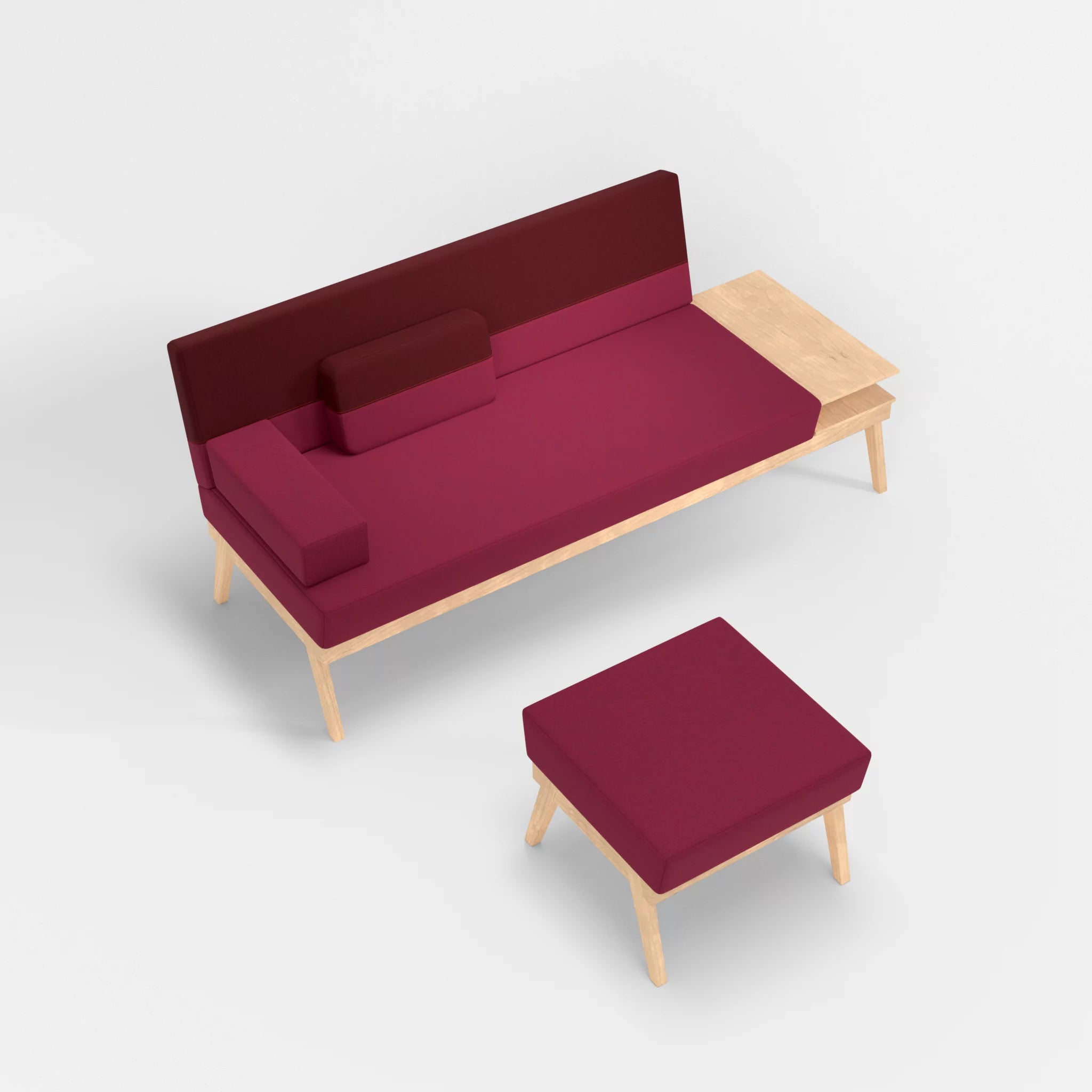 3er Sitzsofa Bauz mit Ablage rechts und Pouf dama0034-dama0050 in Bordeaux und Fuchsia von oben