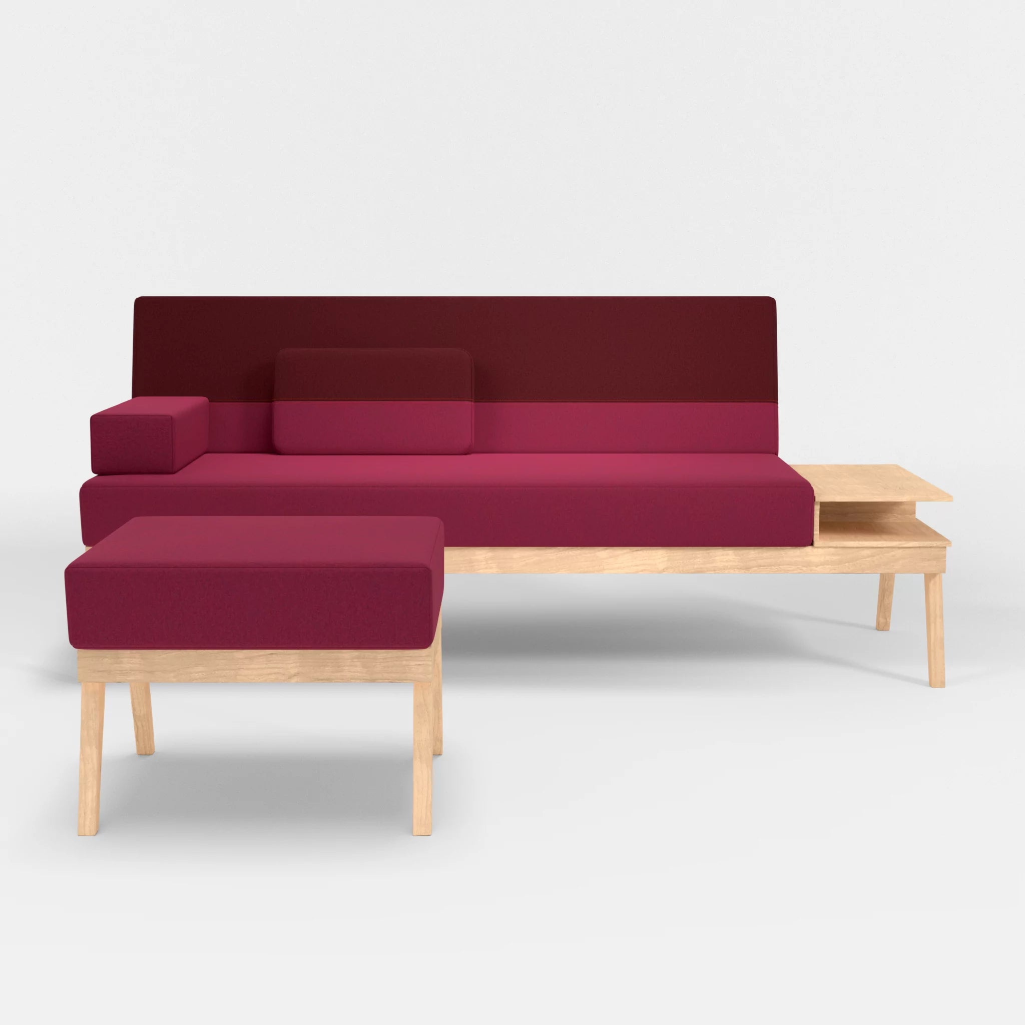 3er Sitzsofa Bauz mit Ablage rechts und Pouf dama0034-dama0050 in Bordeaux und Fuchsia von vorne