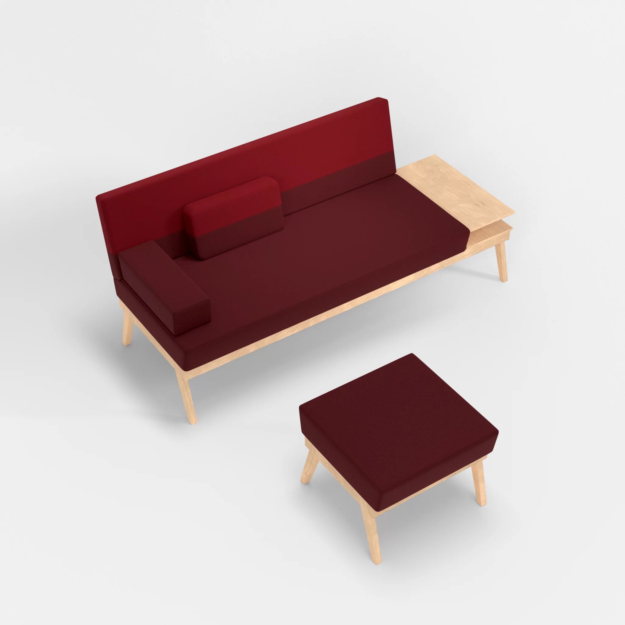 3er Sitzsofa Bauz mit Ablage rechts und Pouf dama0034-dama0053 in Bordeaux und Rot von oben