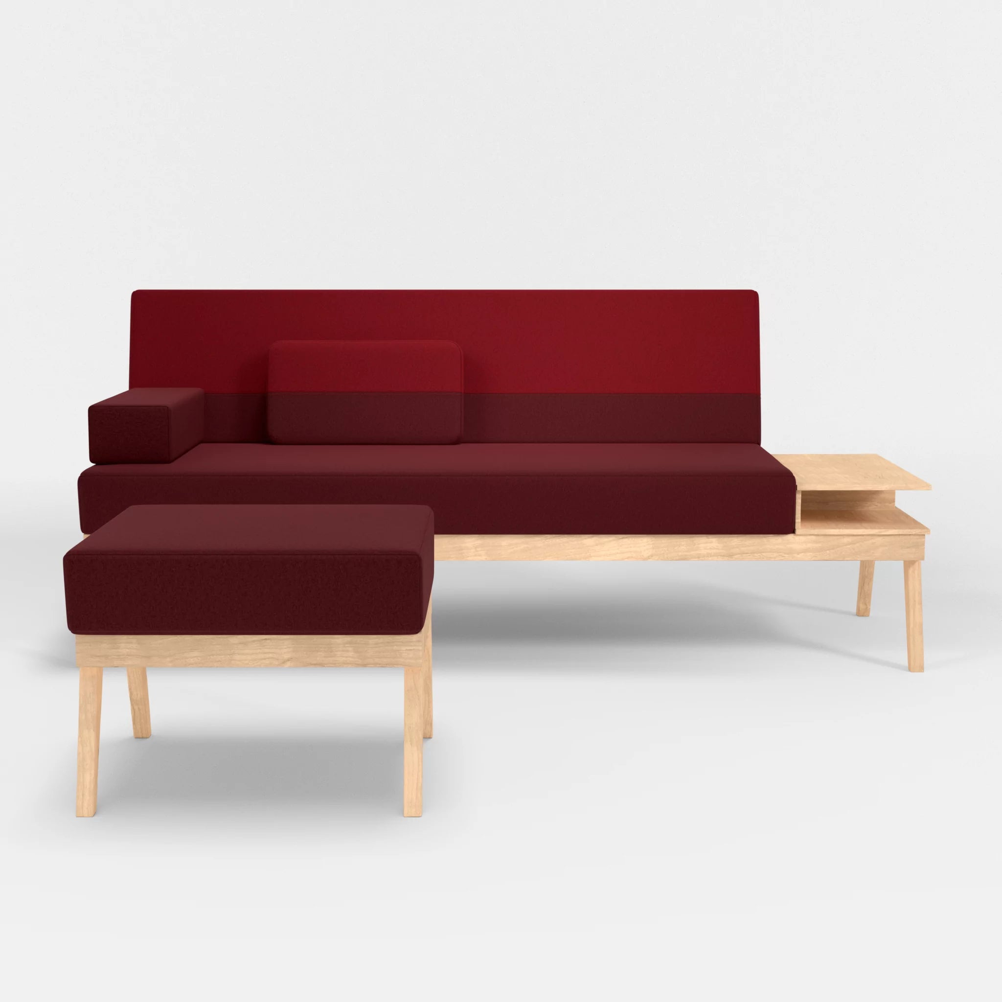3er Sitzsofa Bauz mit Ablage rechts und Pouf dama0034-dama0053 in Bordeaux und Rot von vorne