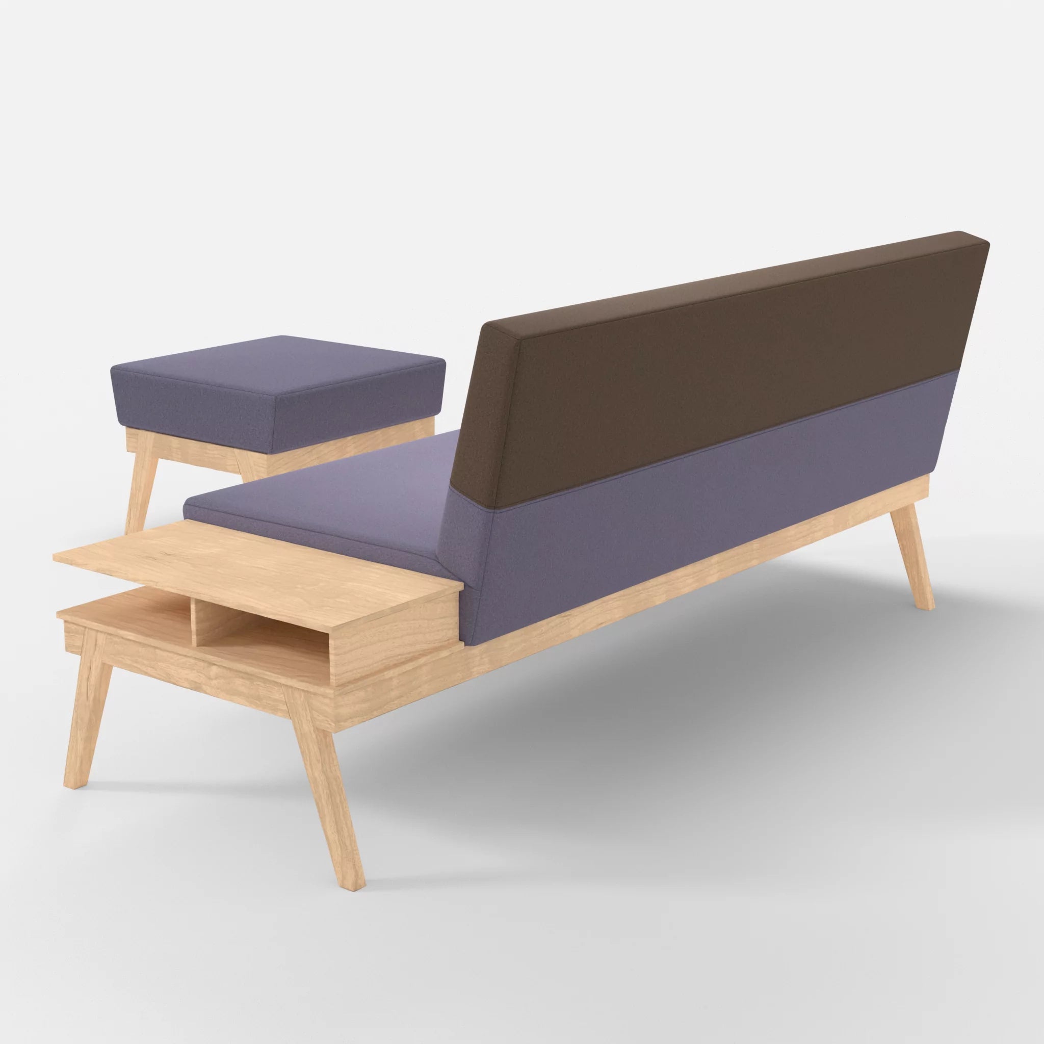 3er Sitzsofa Bauz mit Ablage rechts und Pouf dama0039-dama0051 in Flieder und Braun von hinten