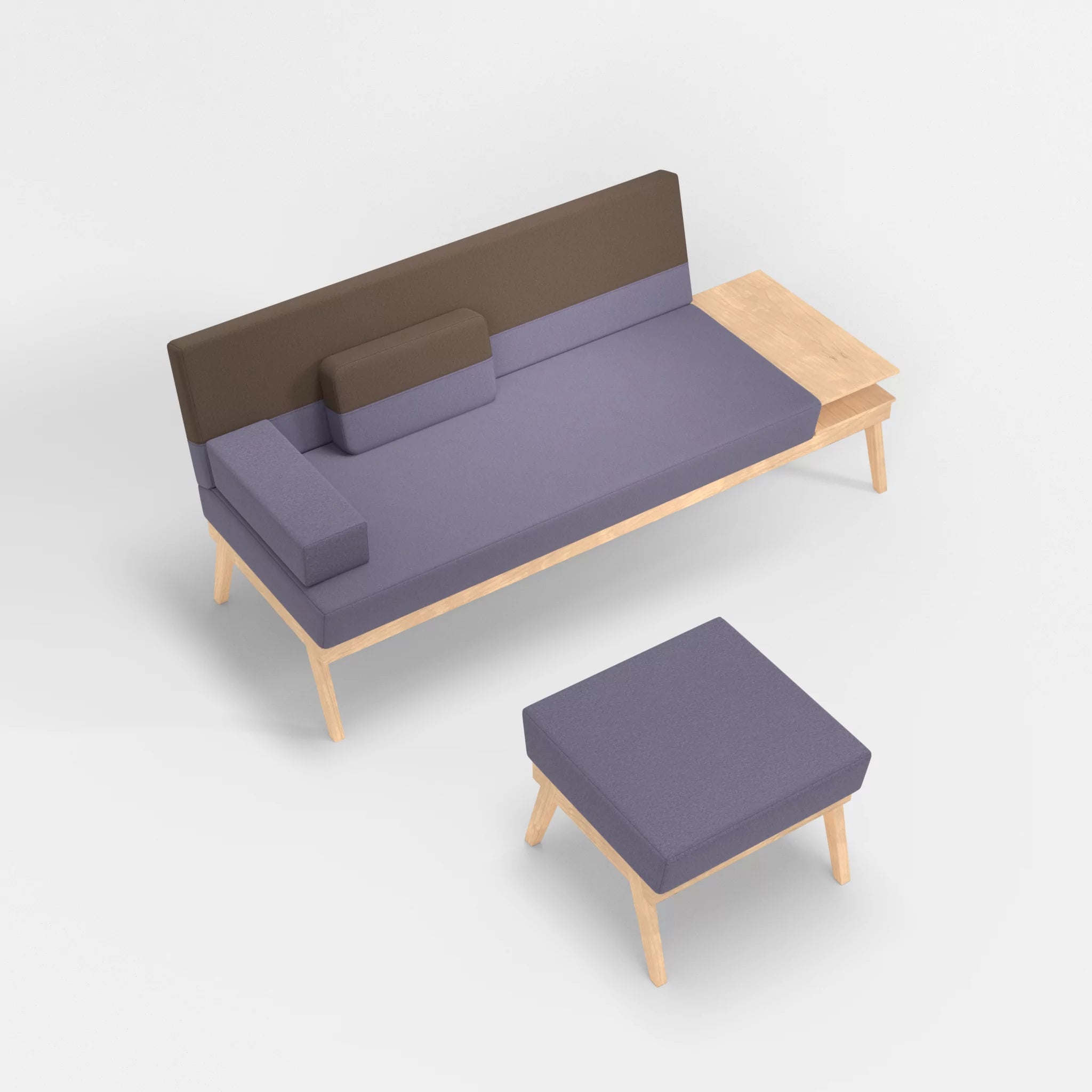 3er Sitzsofa Bauz mit Ablage rechts und Pouf dama0039-dama0051 in Flieder und Braun von oben
