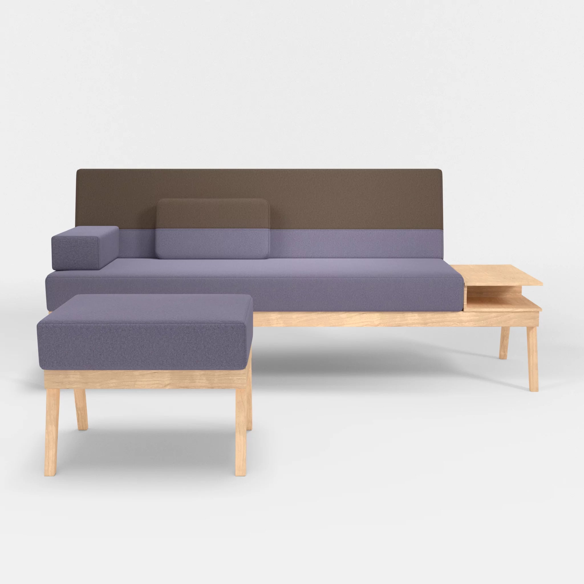 3er Sitzsofa Bauz mit Ablage rechts und Pouf dama0039-dama0051 in Flieder und Braun von vorne