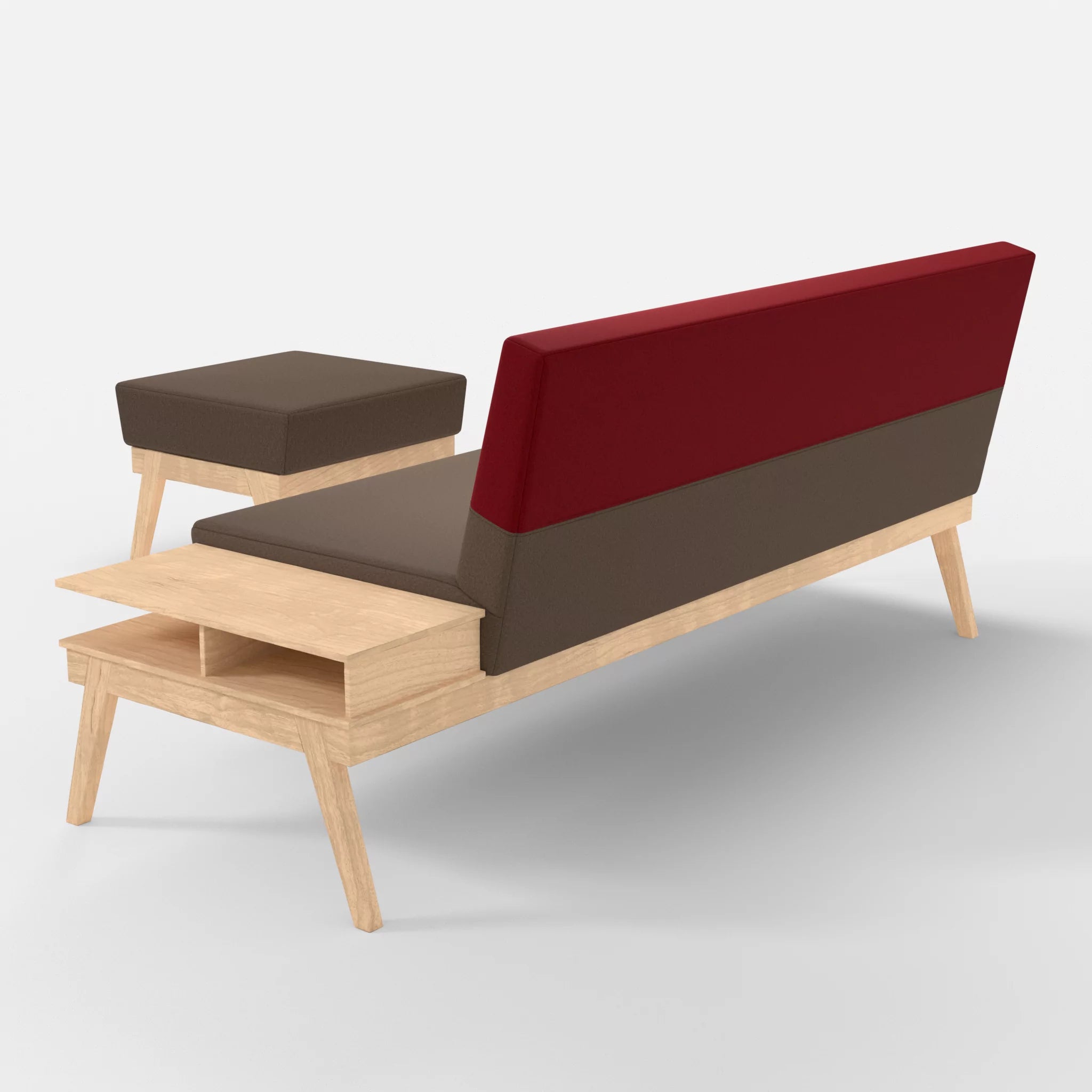 3er Sitzsofa Bauz mit Ablage rechts und Pouf dama0051-dama0053 in Braun und Rot von hinten