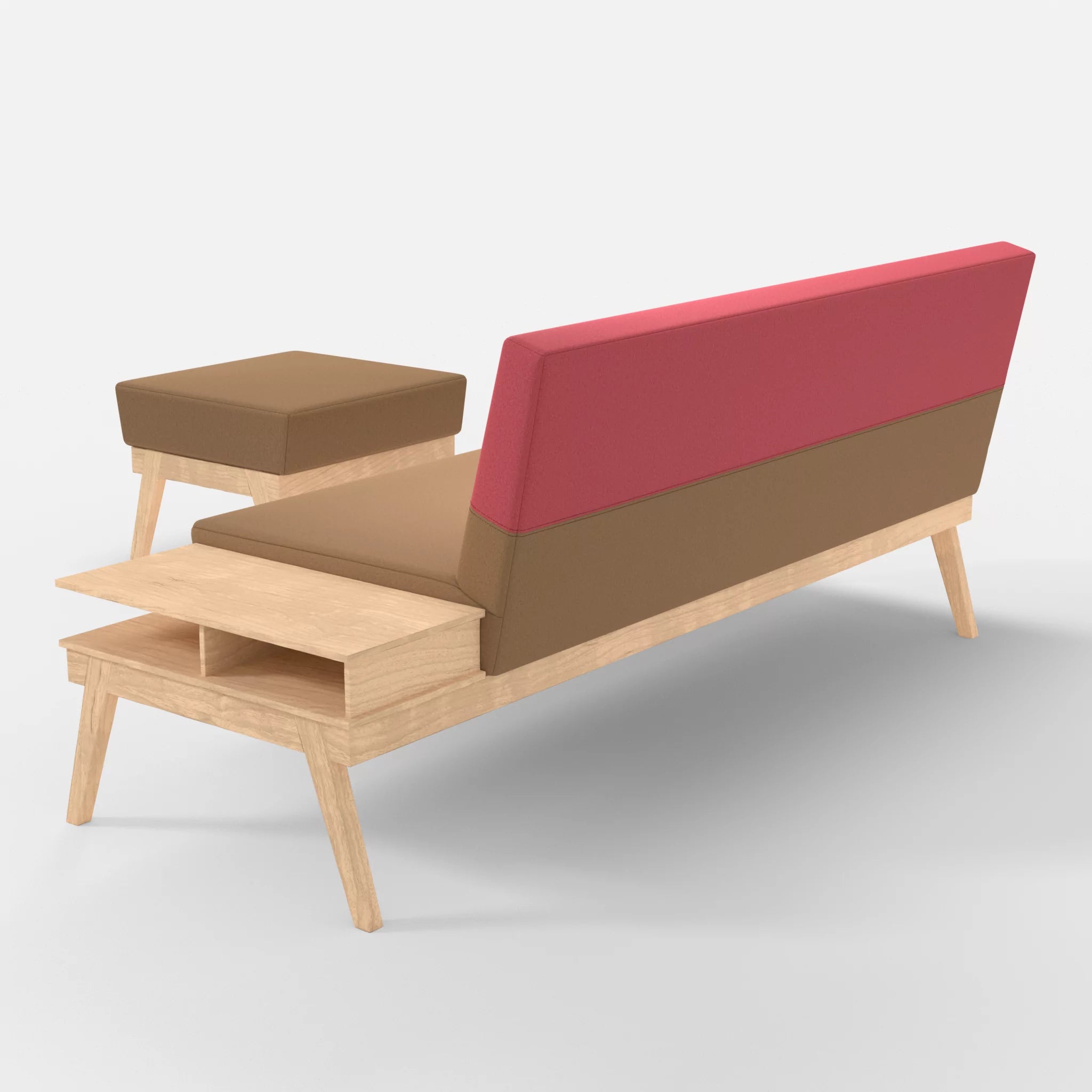 3er Sitzsofa Bauz mit Ablage rechts und Pouf dama0056-dama0083 in Beige und Pink von hinten