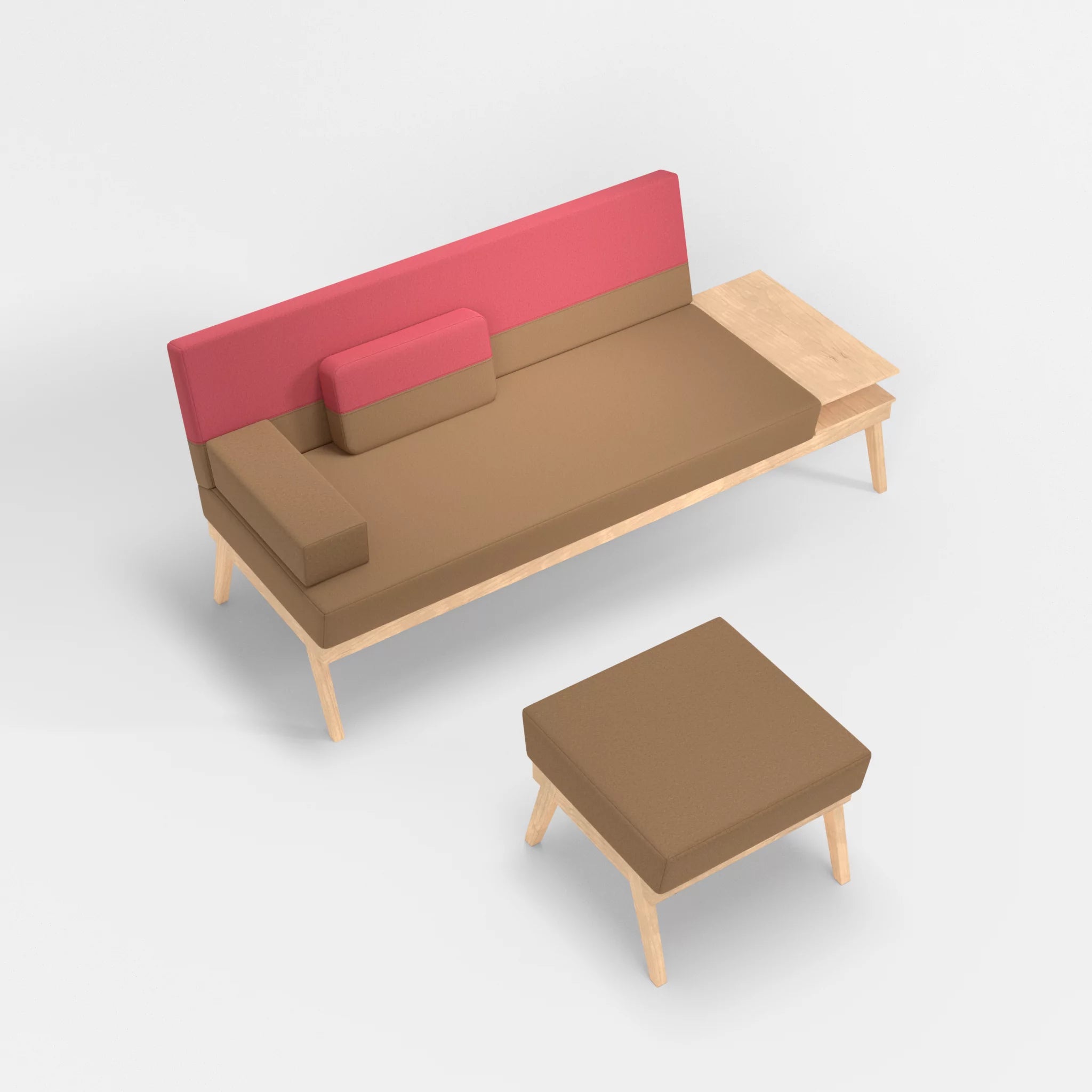 3er Sitzsofa Bauz mit Ablage rechts und Pouf dama0056-dama0083 in Beige und Pink von oben