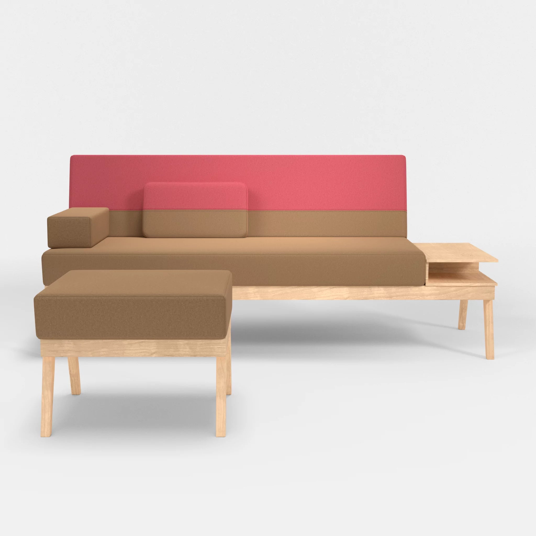 3er Sitzsofa Bauz mit Ablage rechts und Pouf dama0056-dama0083 in Beige und Pink von vorne