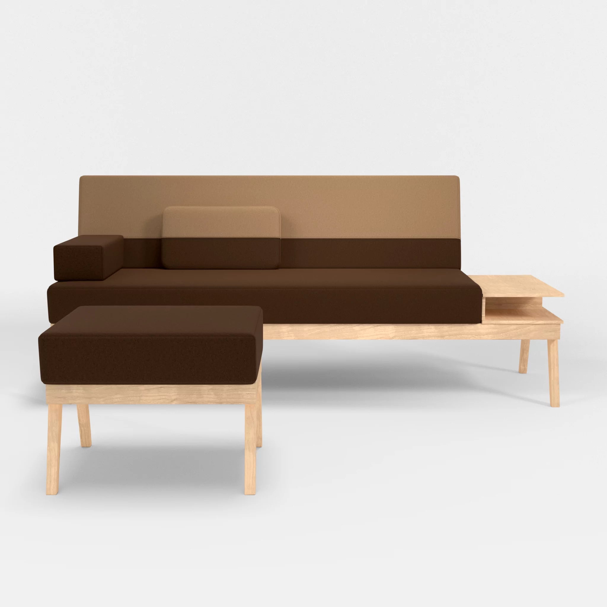 3er Sitzsofa Bauz mit Ablage rechts und Pouf dama0060-dama0056 in Braun und Beige von vorne
