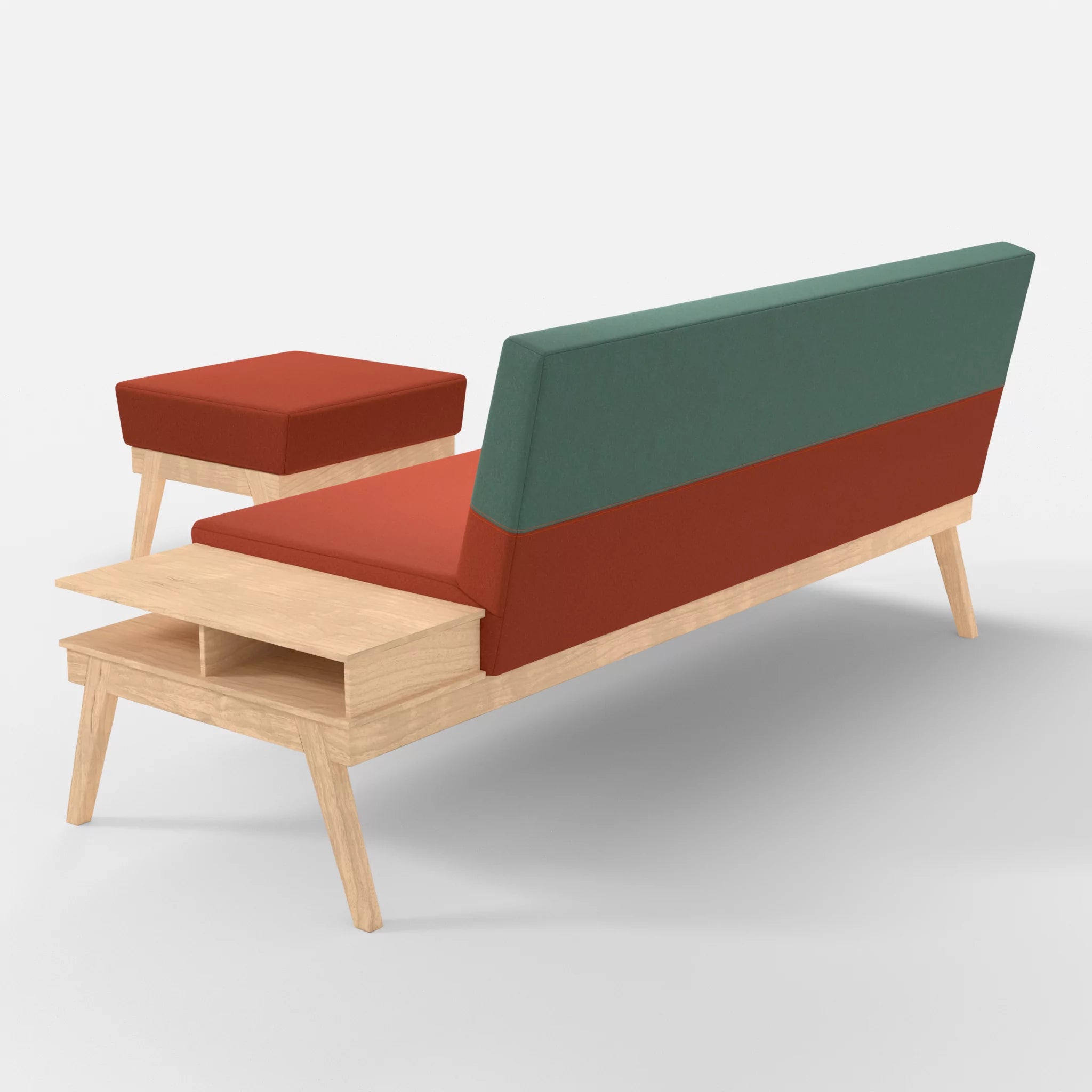 3er Sitzsofa Bauz mit Ablage rechts und Pouf dama0062-dama0045 in Orange und Türkis von hinten