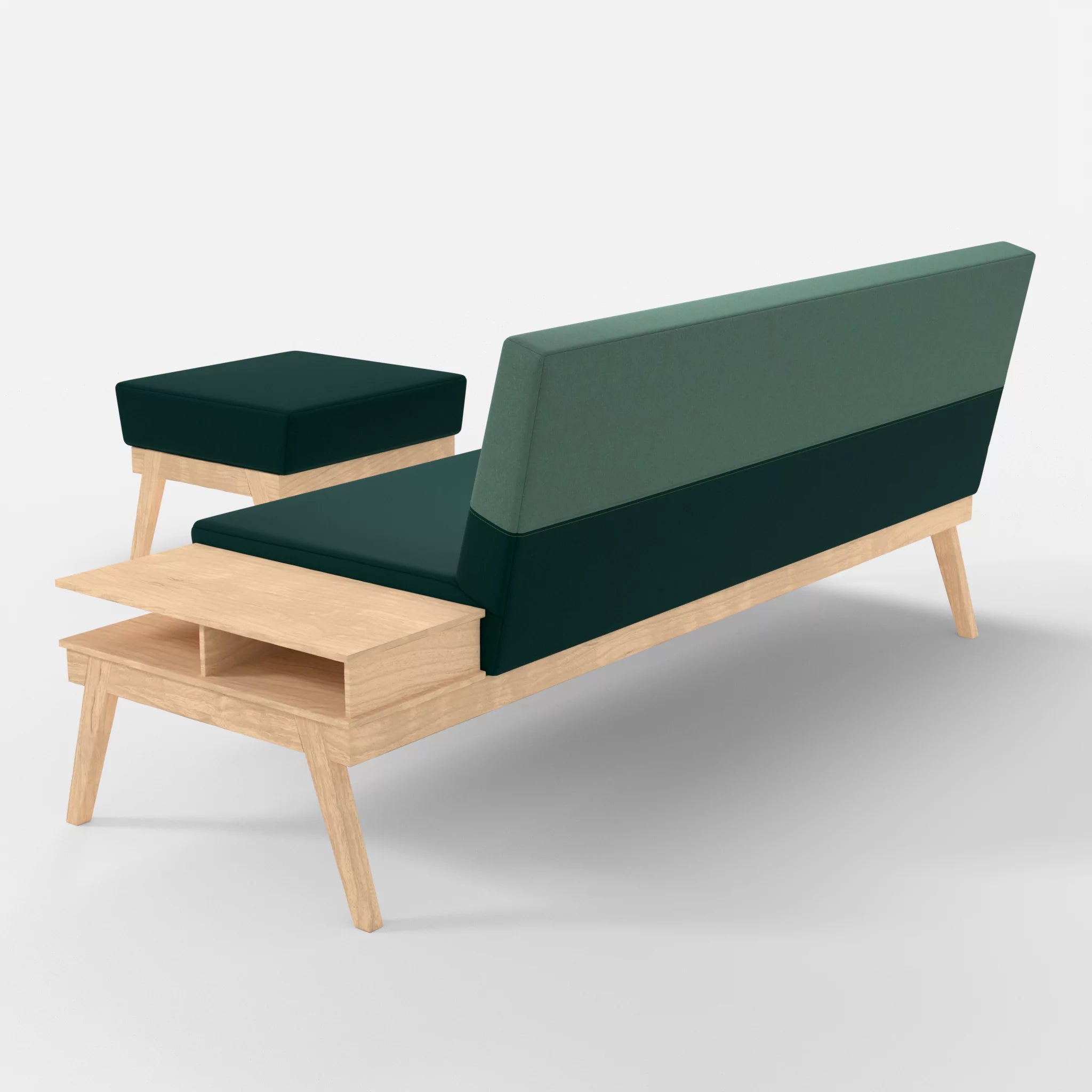 3er Sitzsofa Bauz mit Ablage rechts und Pouf dama0073-dama0045 in Petrol und Türkis von hinten