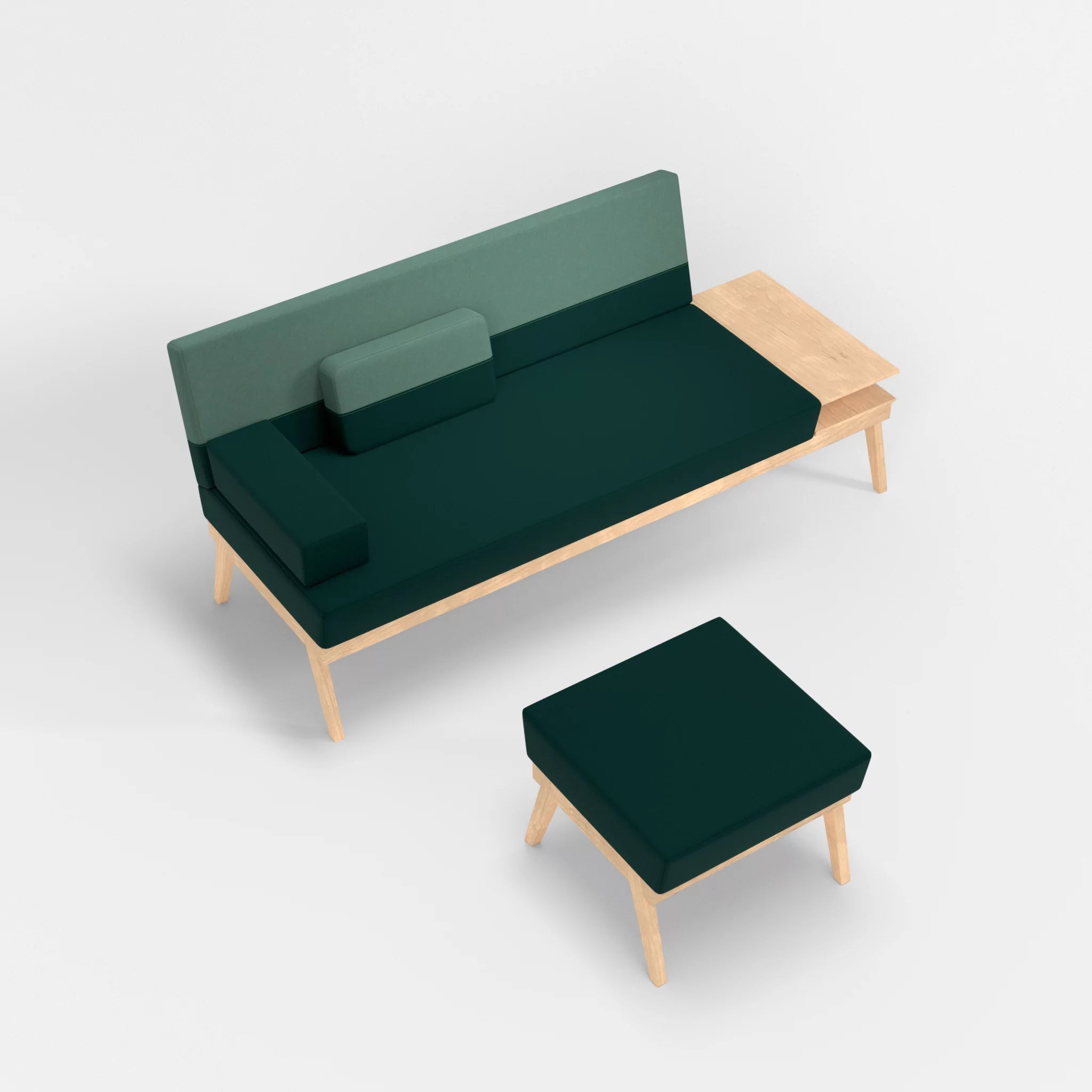 3er Sitzsofa Bauz mit Ablage rechts und Pouf dama0073-dama0045 in Petrol und Türkis von oben