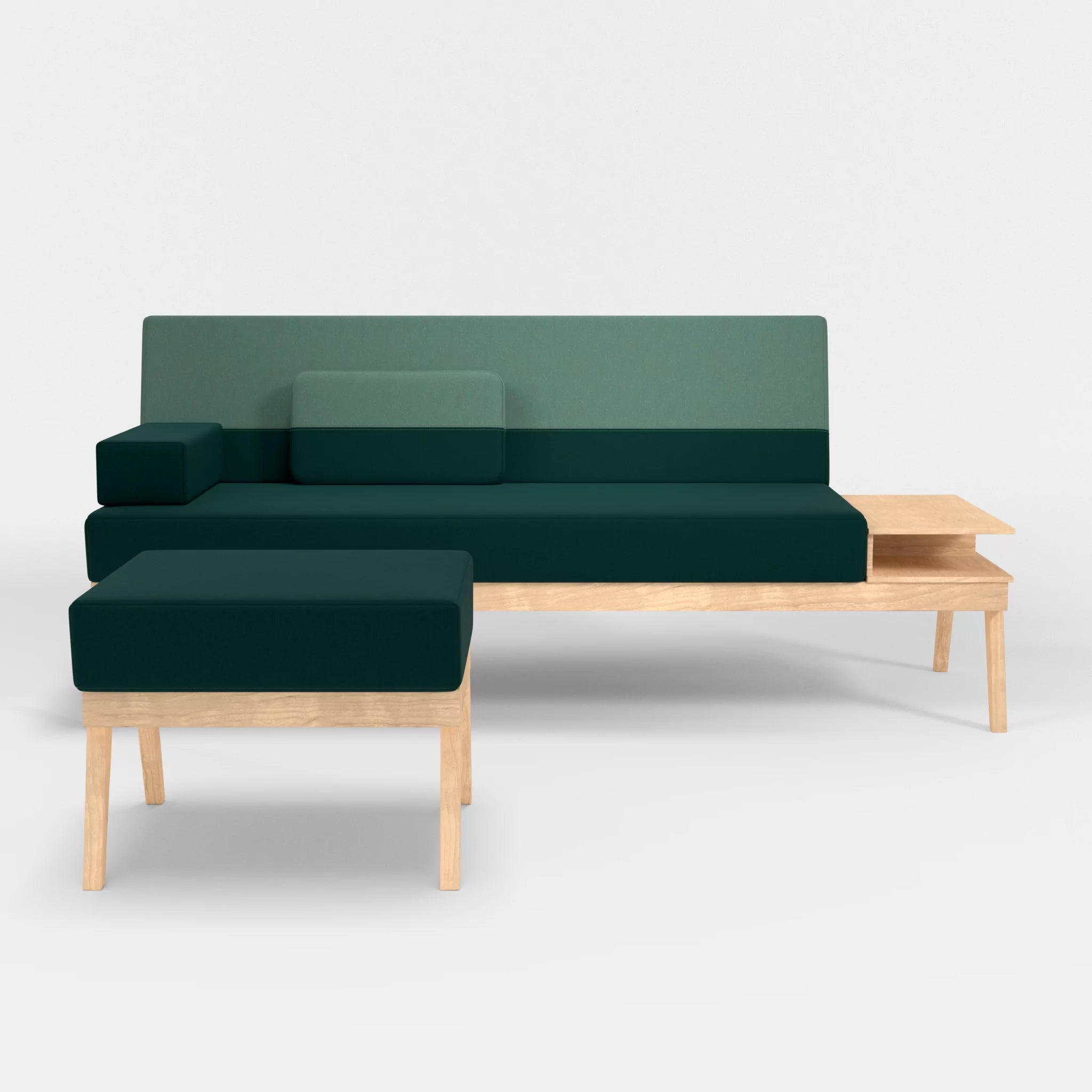 3er Sitzsofa Bauz mit Ablage rechts und Pouf dama0073-dama0045 in Petrol und Türkis von vorne
