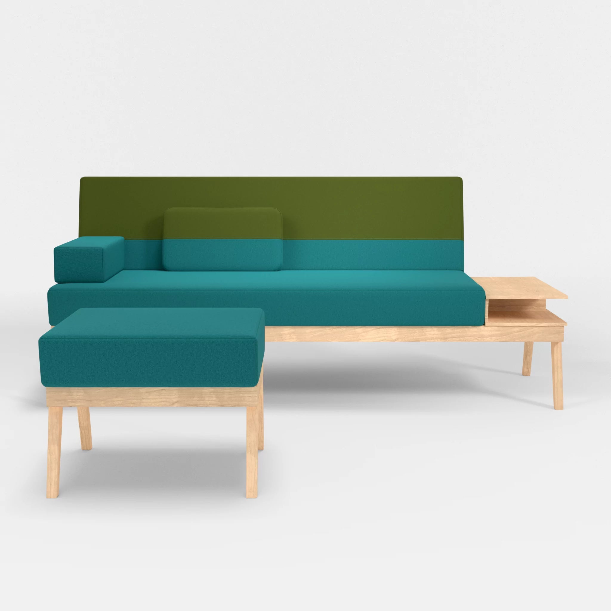 3er Sitzsofa Bauz mit Ablage rechts und Pouf dama0076-dama0059 in Türkis und Grün von vorne