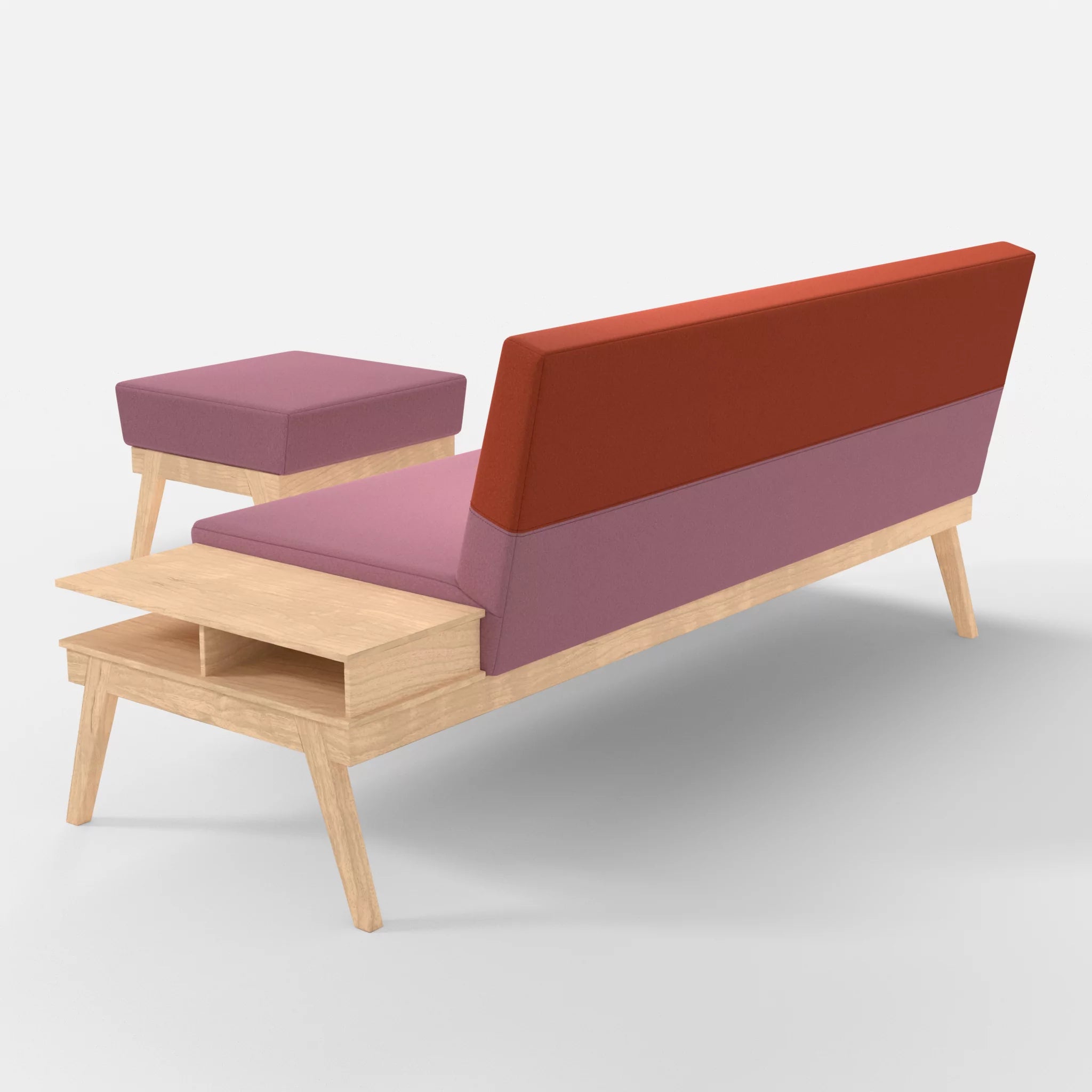 3er Sitzsofa Bauz mit Ablage rechts und Pouf dama0084-dama0062 in Rosa und Orange von hinten