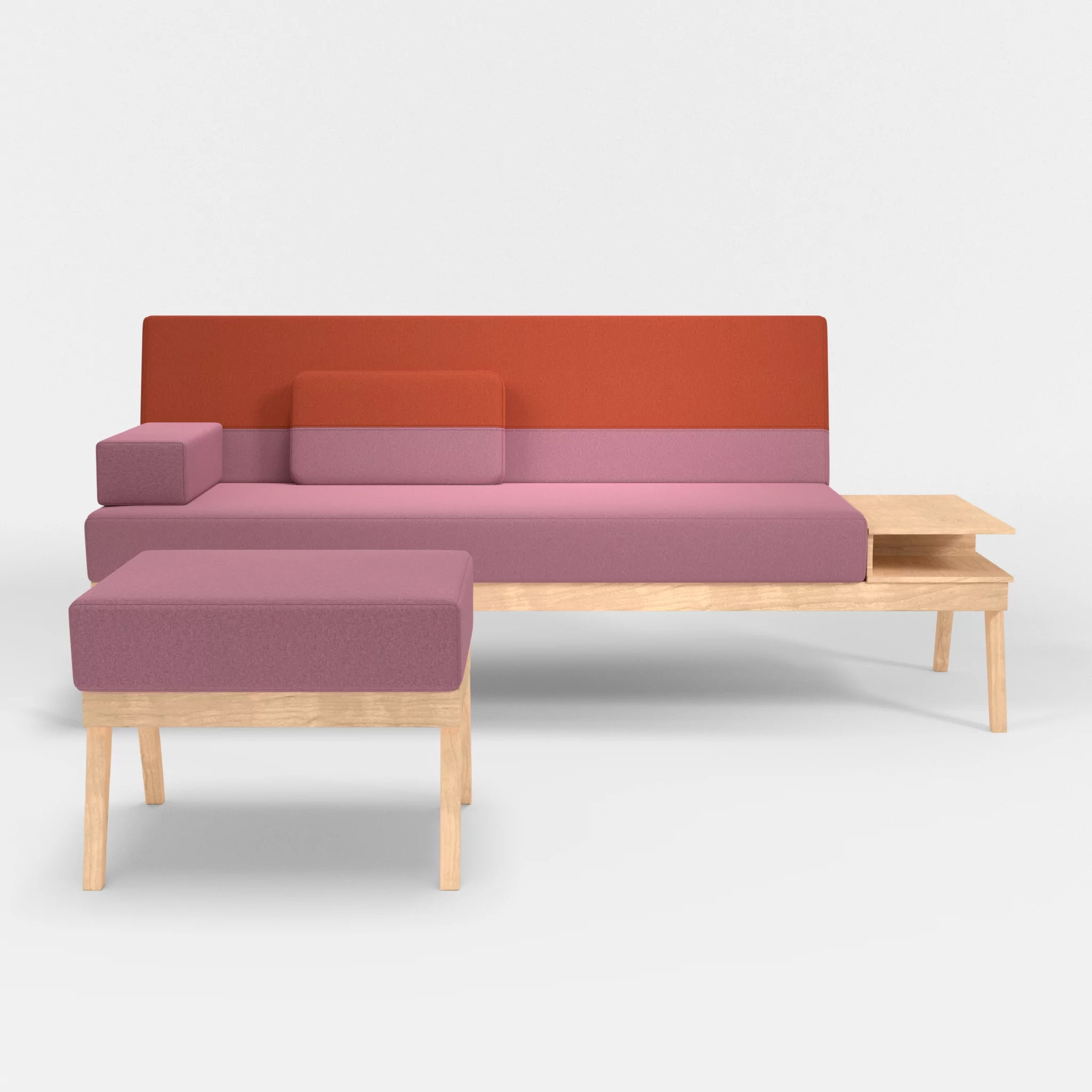 3er Sitzsofa Bauz mit Ablage rechts und Pouf dama0084-dama0062 in Rosa und Orange von vorne