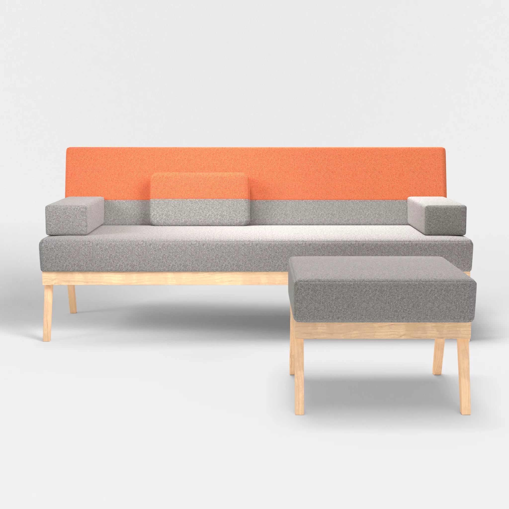 3er Sitzsofa Bauz mit Pouf celia0208-celia0215 in Mittelgrau und Orange von vorne
