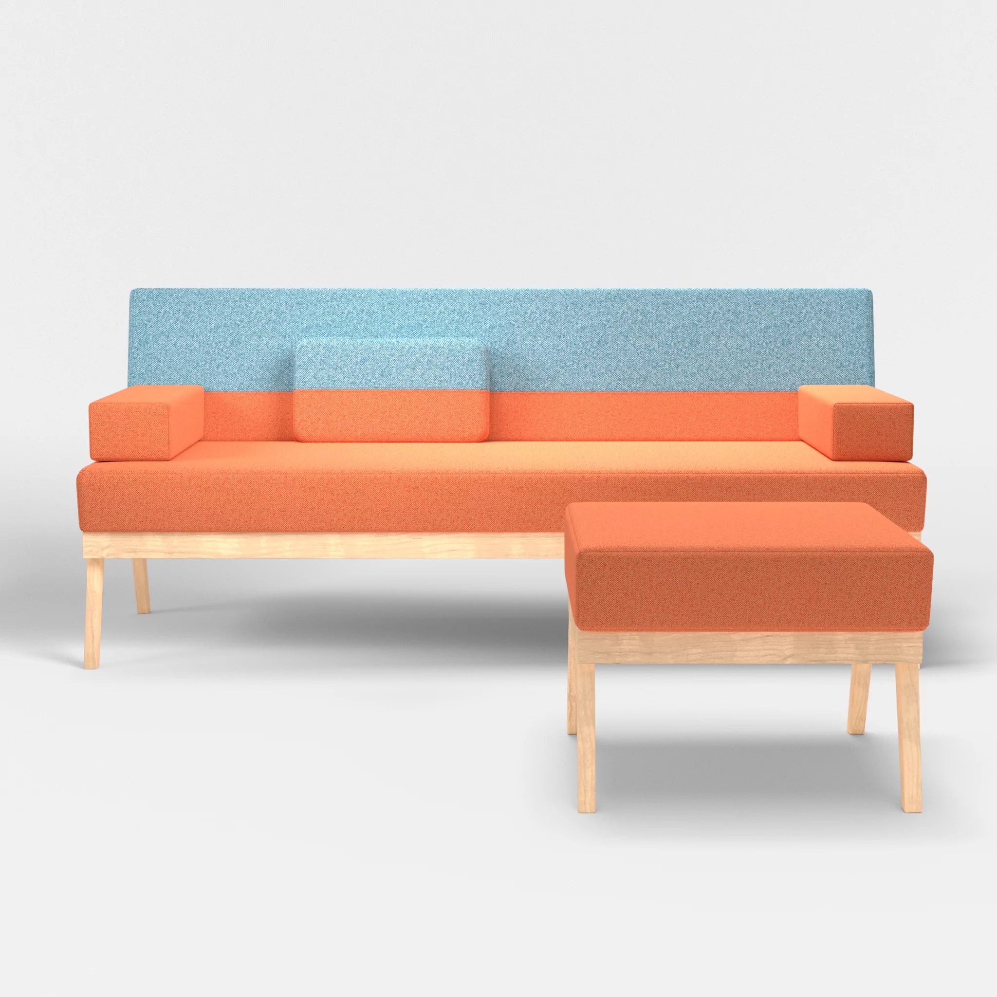 3er Sitzsofa Bauz mit Pouf celia0215-celia0209 in Orange und Türkis von vorne