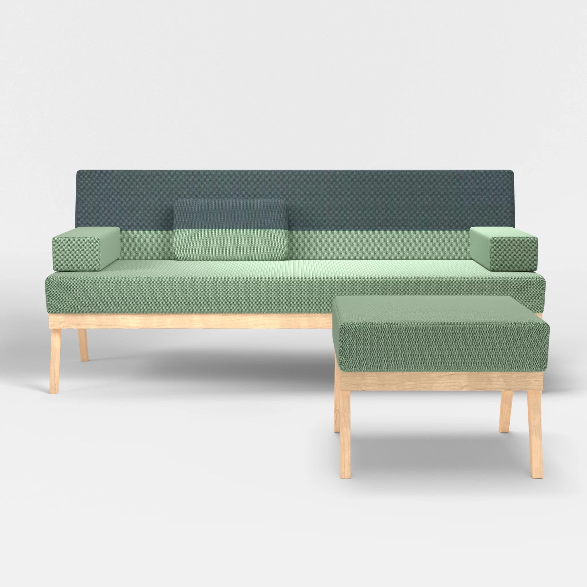 3er Sitzsofa Bauz mit Pouf credoaloe-credojaspis in Hellgrün und Türkis von vorne