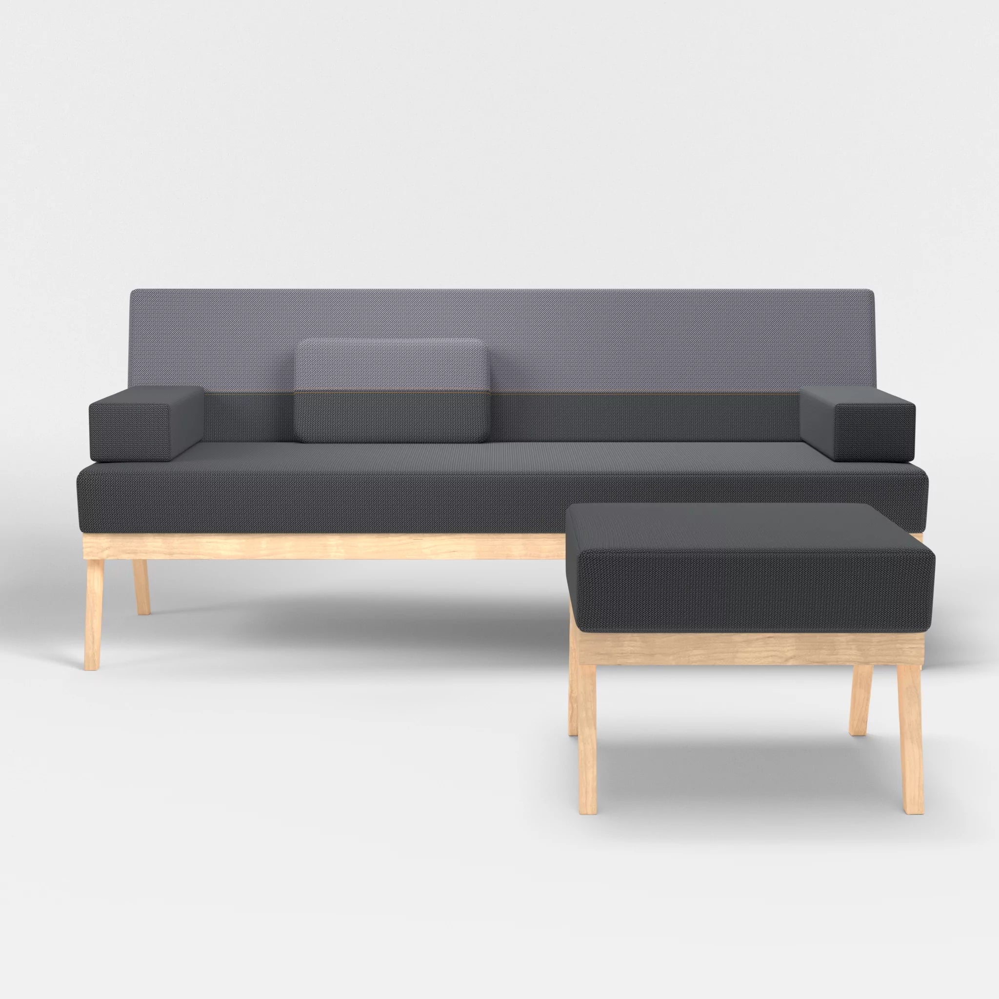 3er Sitzsofa Bauz mit Pouf credoasphalt-credocarbon in Anthrazit und Dunkelgrau von vorne