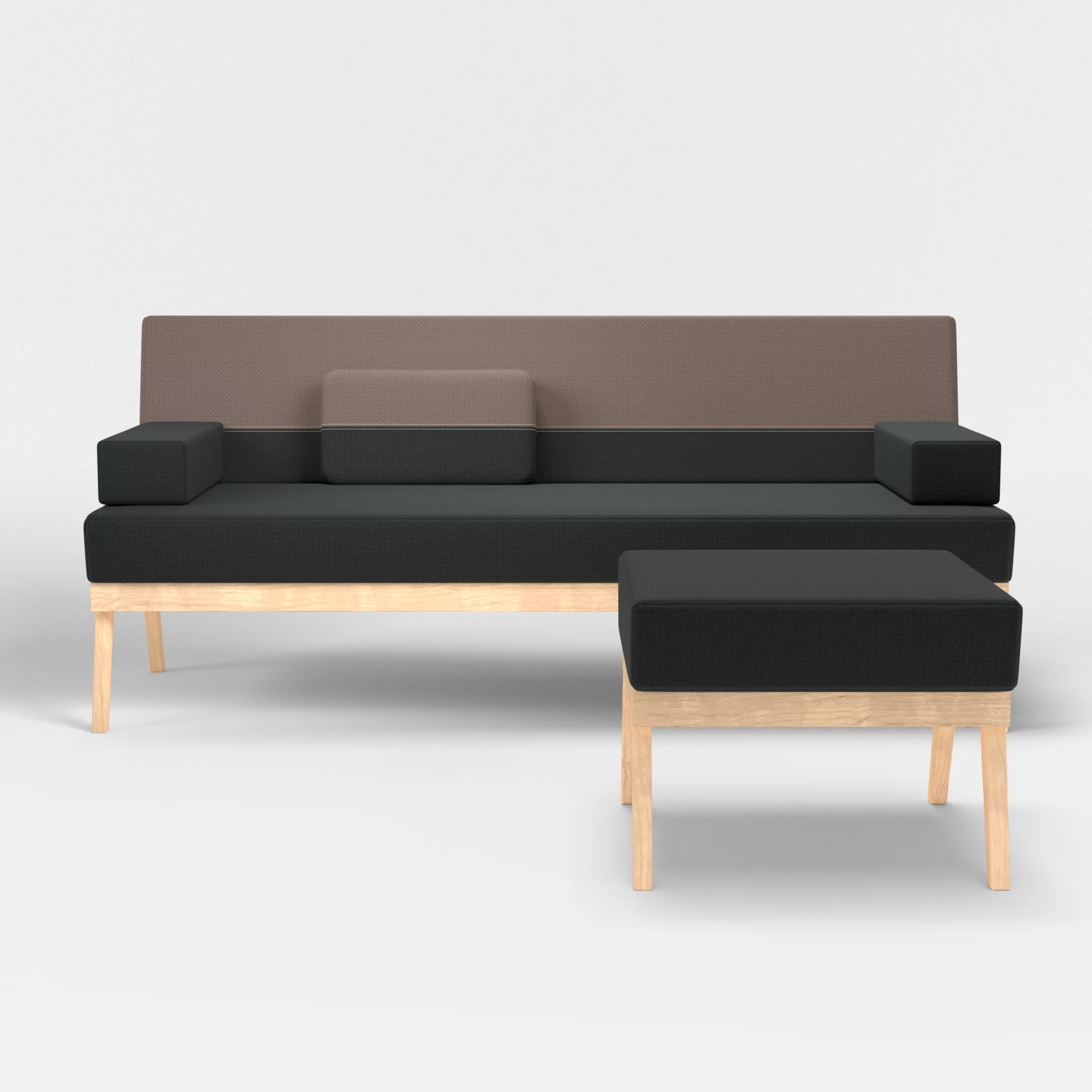 3er Sitzsofa Bauz mit Pouf credoblack-credowalnut in Schwarz und Dunkelgrau von vorne