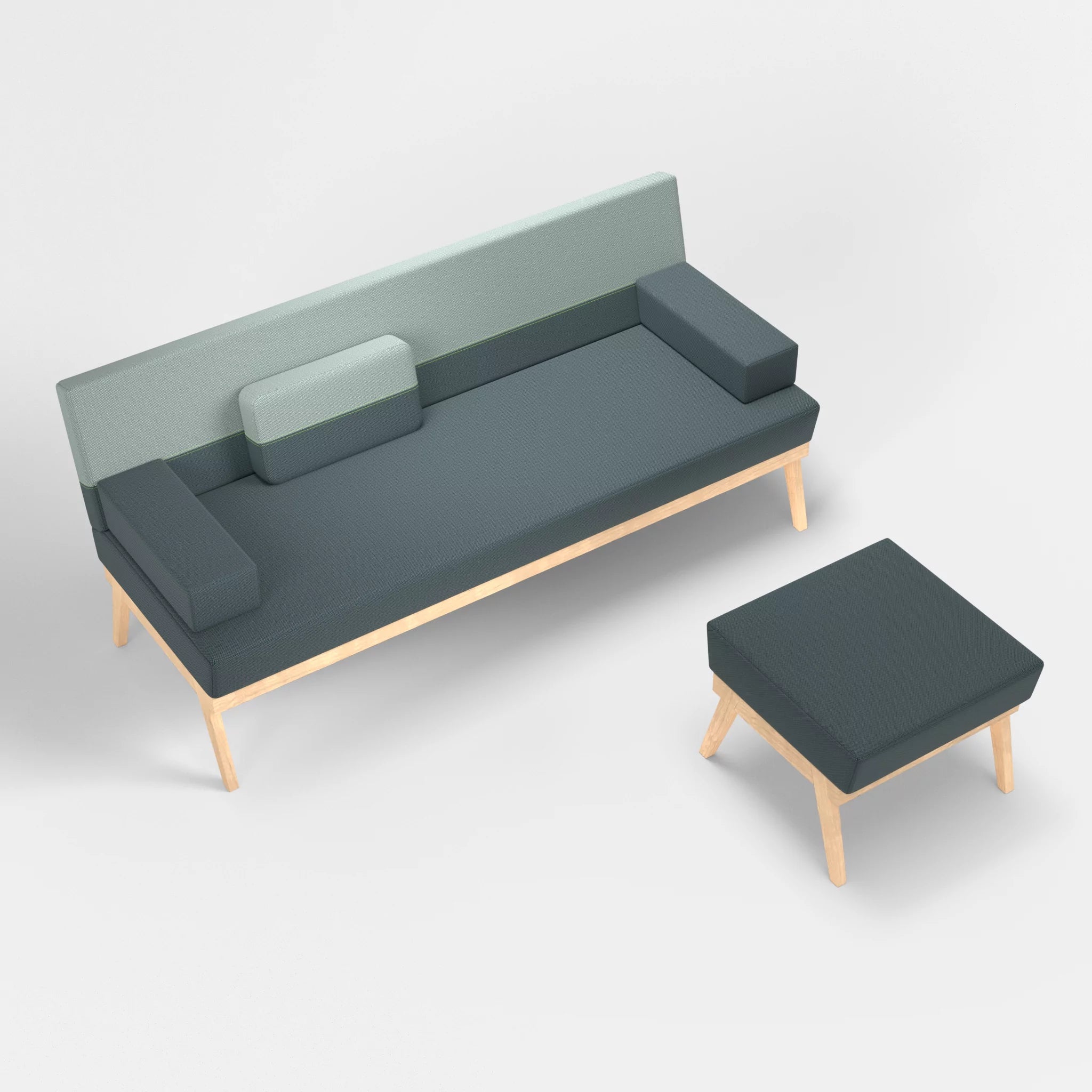 3er Sitzsofa Bauz mit Pouf credojaspis-credolake in Türkis und Graublau von oben