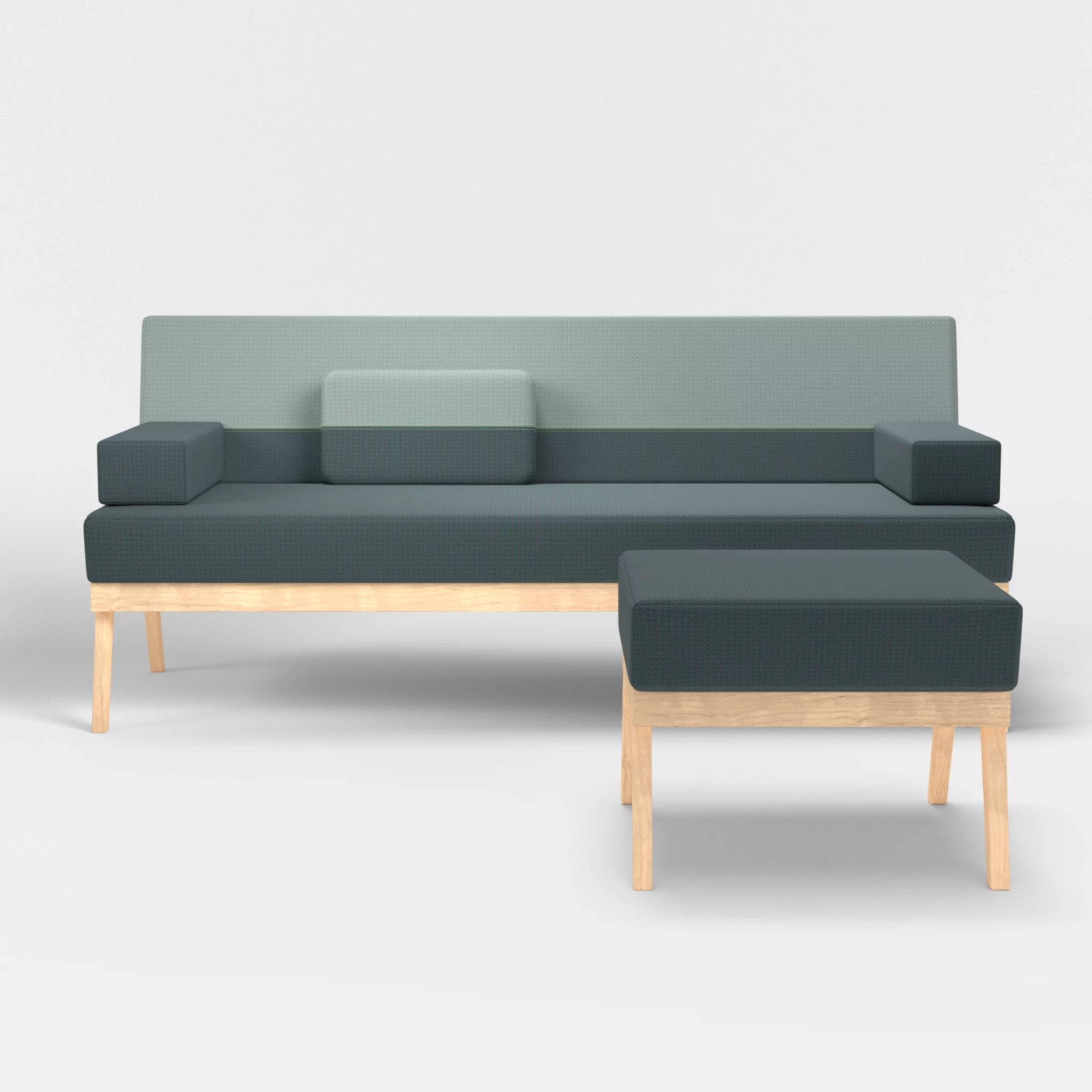 3er Sitzsofa Bauz mit Pouf credojaspis-credolake in Türkis und Graublau von vorne