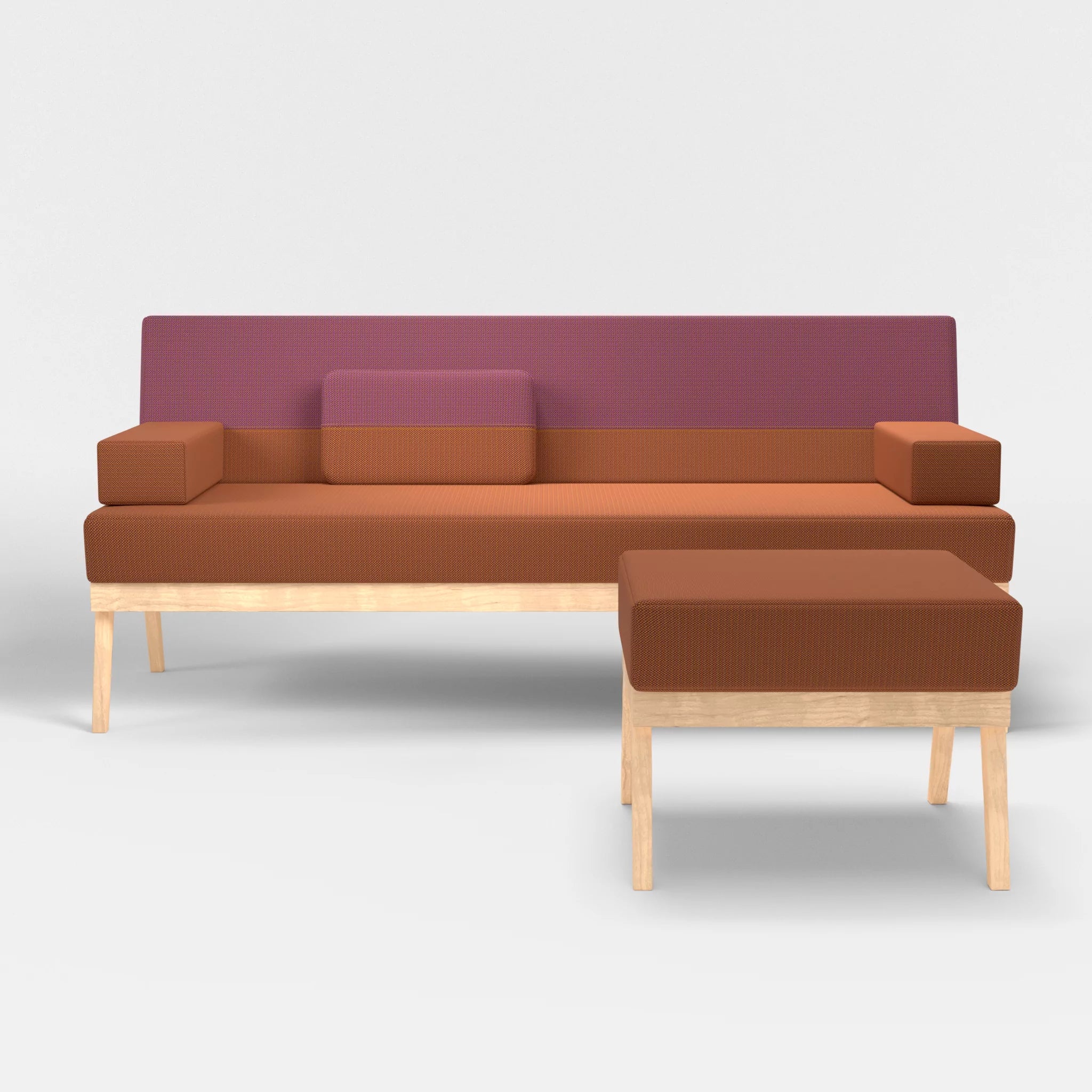 3er Sitzsofa Bauz mit Pouf credokupfer-credobreva in Braun und Violett von vorne