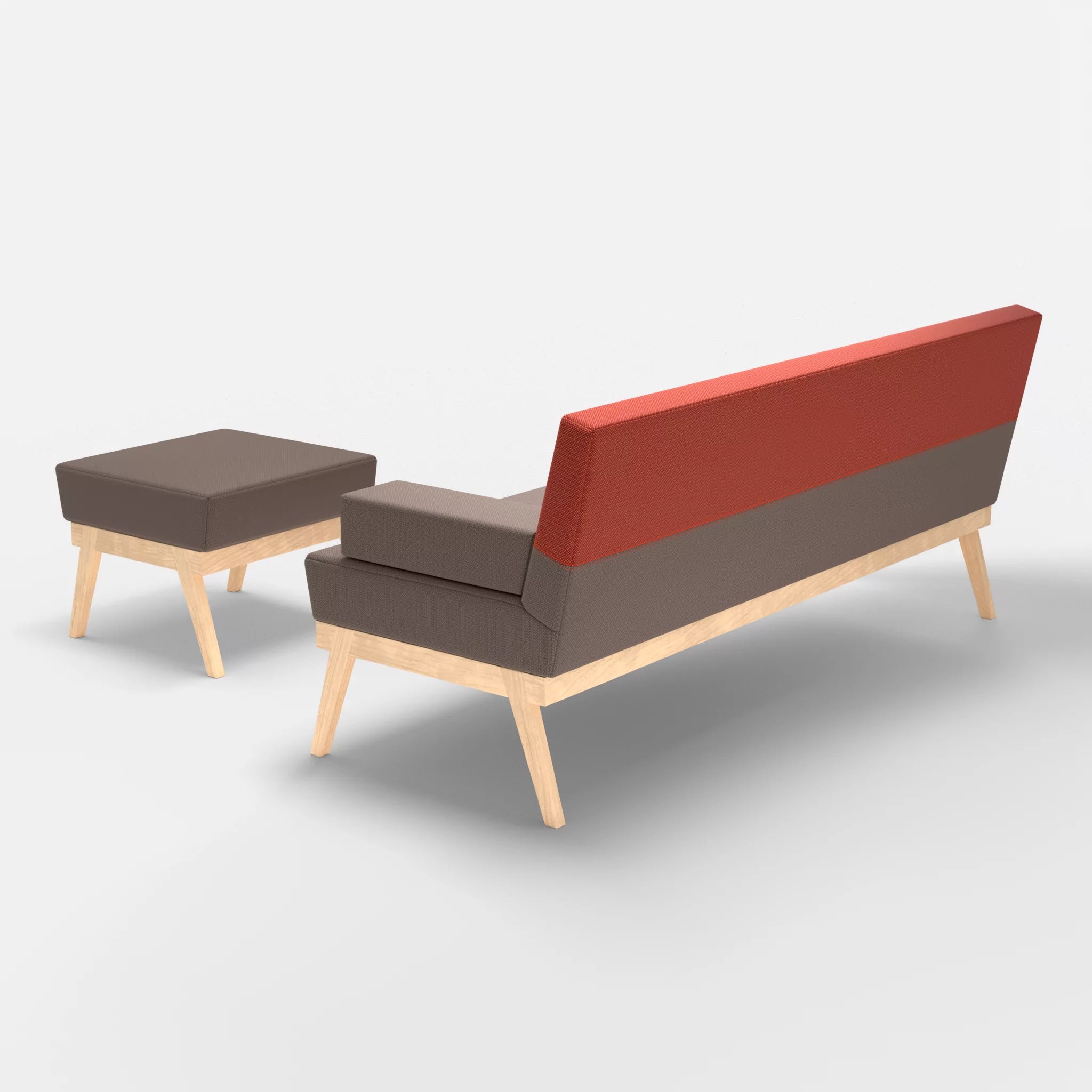 3er Sitzsofa Bauz mit Pouf credowalnut-credolampion in Dunkelgrau und Rot von hinten