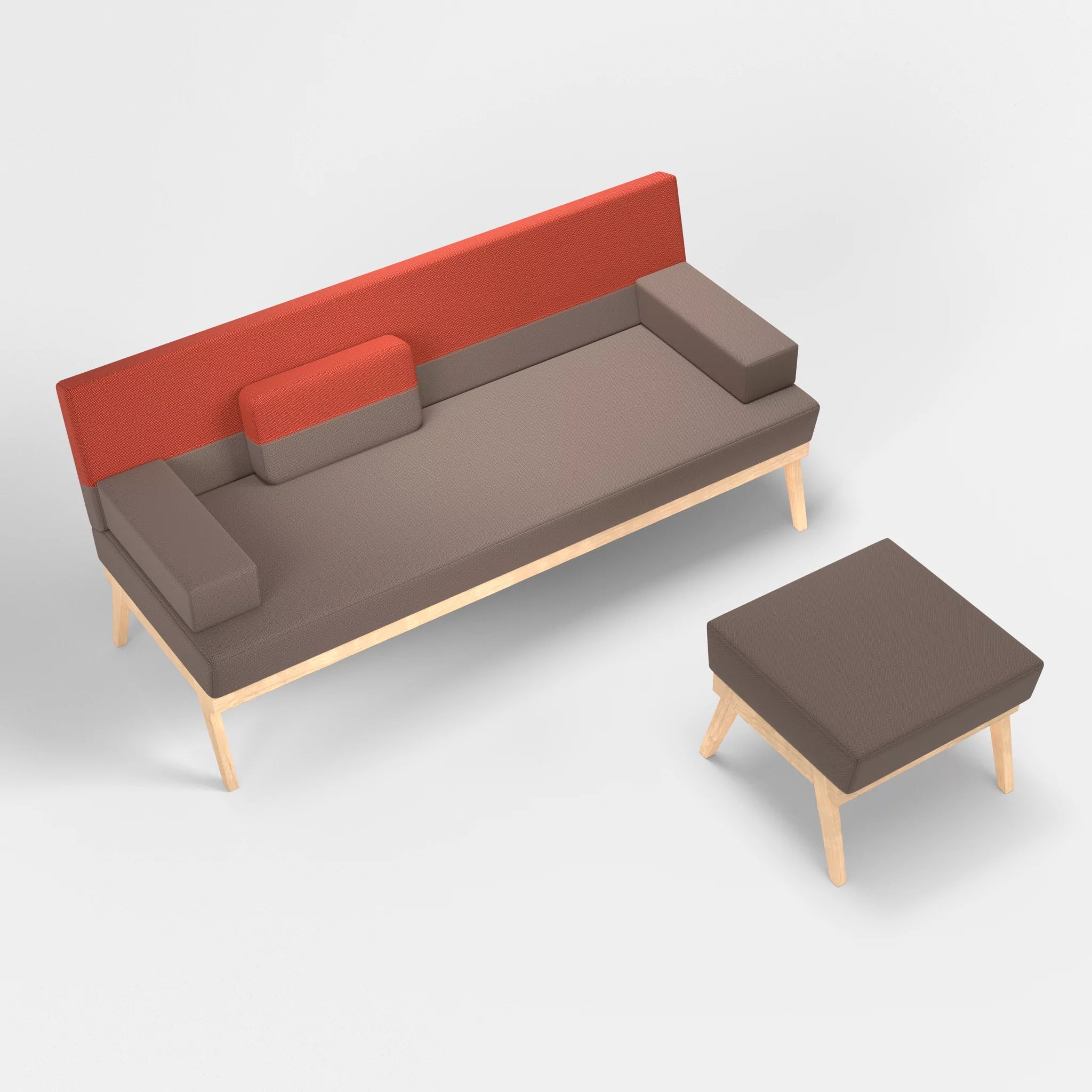 3er Sitzsofa Bauz mit Pouf credowalnut-credolampion in Dunkelgrau und Rot von oben