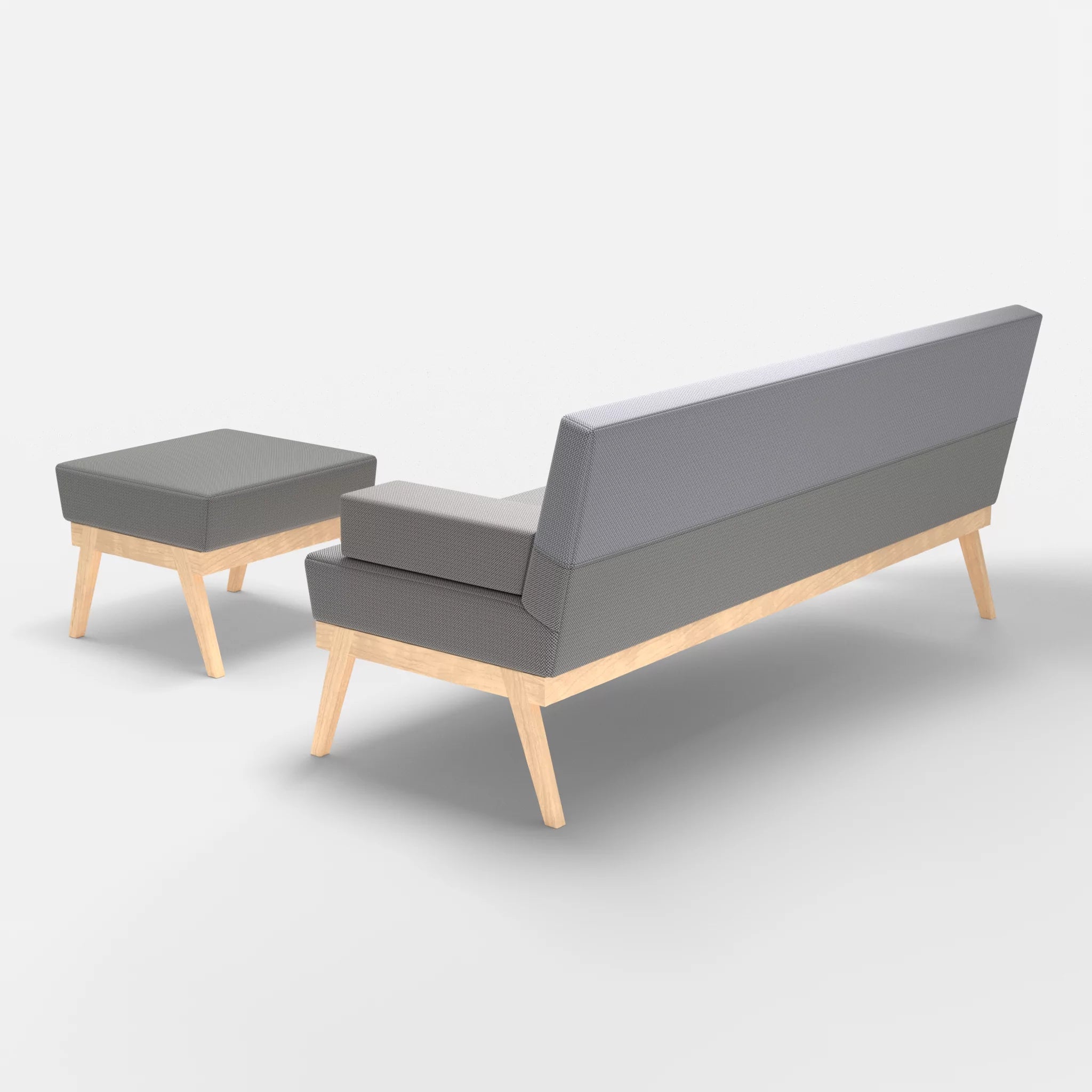 3er Sitzsofa Bauz mit Pouf credozinn-credochalk in Mittelgrau und Hellgrau von hinten