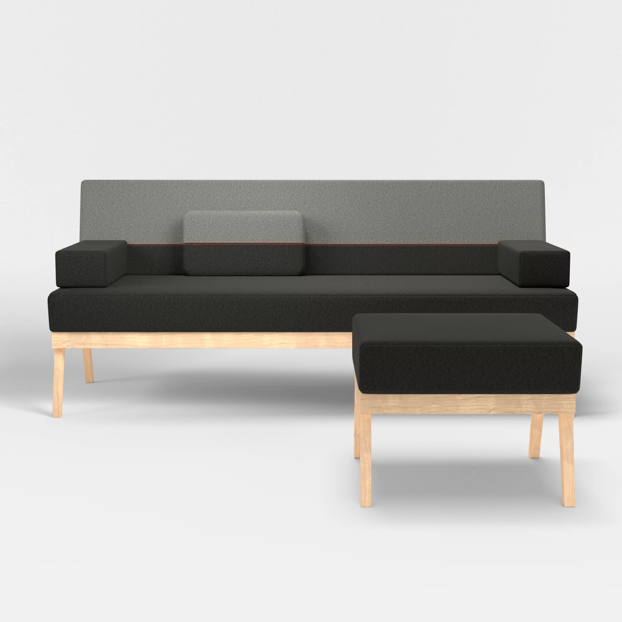 3er Sitzsofa Bauz mit Pouf dama0002-dama0003 in Anthrazit und Mittelgrau von vorne