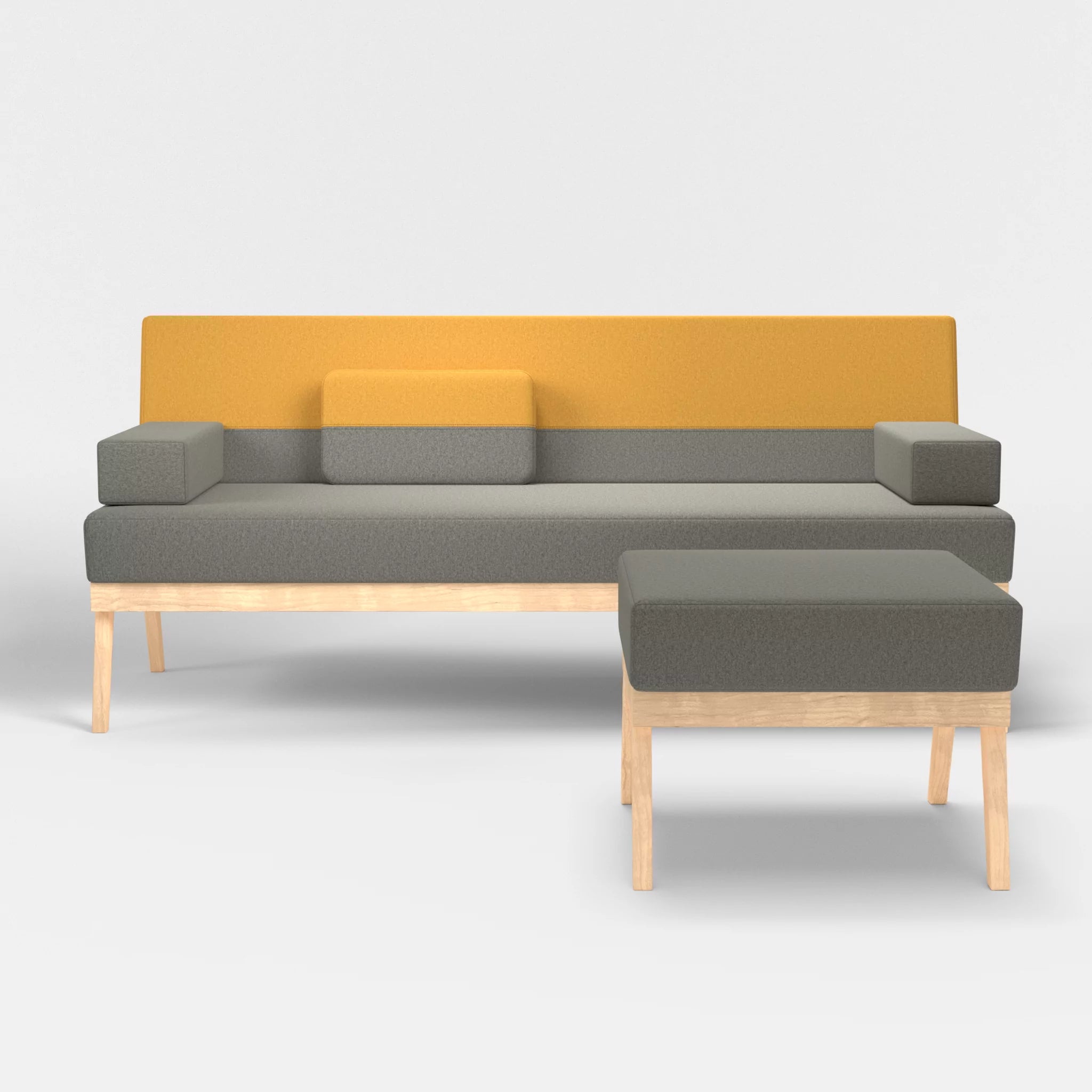 3er Sitzsofa Bauz mit Pouf dama0003-dama0081 in Mittelgrau und Curry von vorne