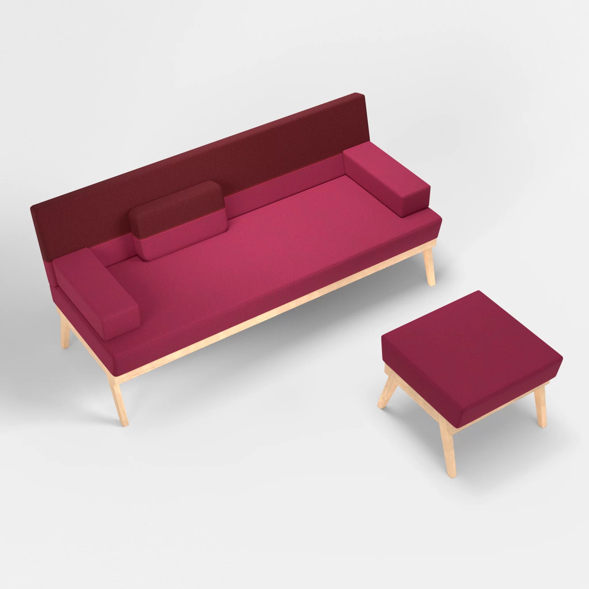 3er Sitzsofa Bauz mit Pouf dama0034-dama0050 in Bordeaux und Fuchsia von oben