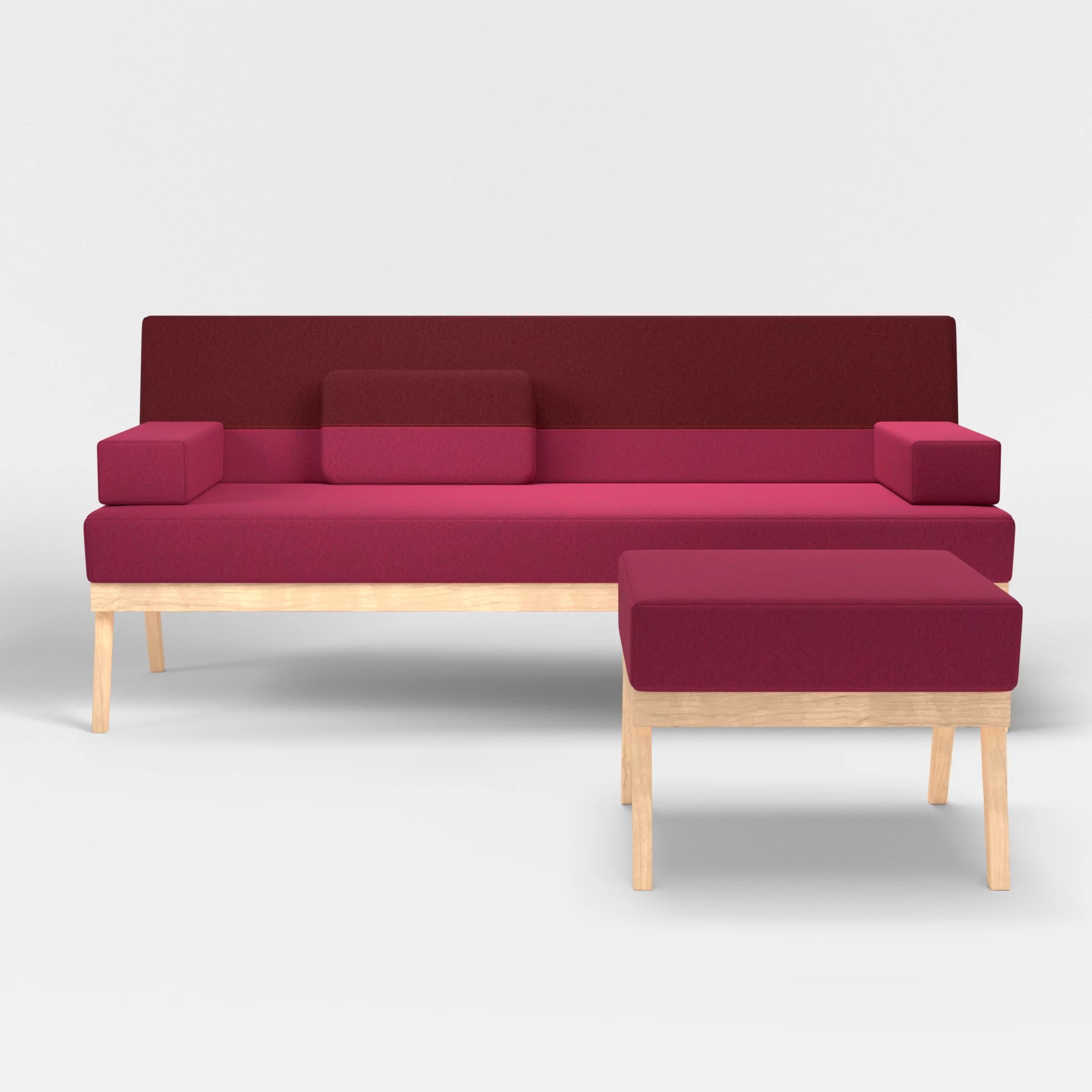3er Sitzsofa Bauz mit Pouf dama0034-dama0050 in Bordeaux und Fuchsia von vorne