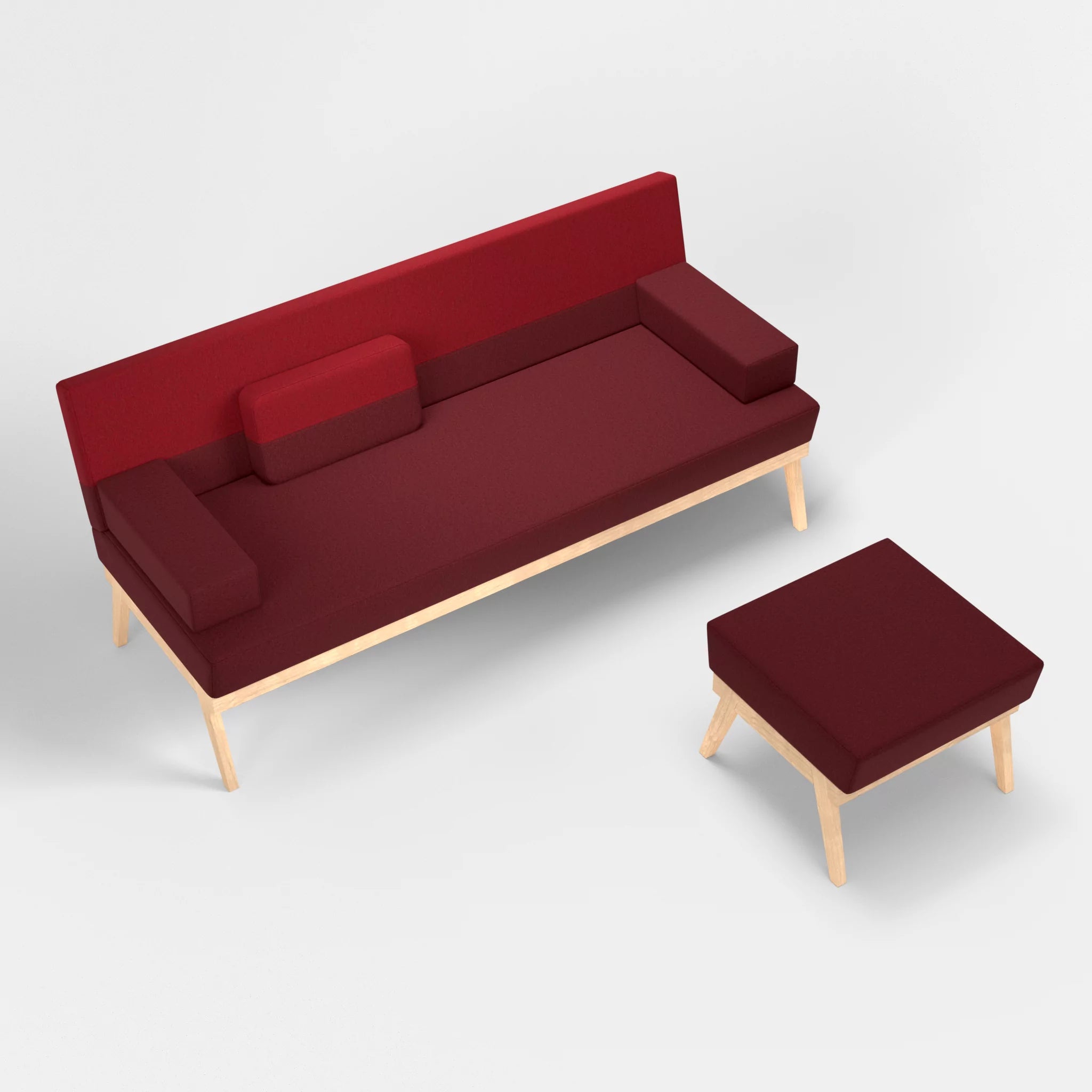 3er Sitzsofa Bauz mit Pouf dama0034-dama0053 in Bordeaux und Rot von oben