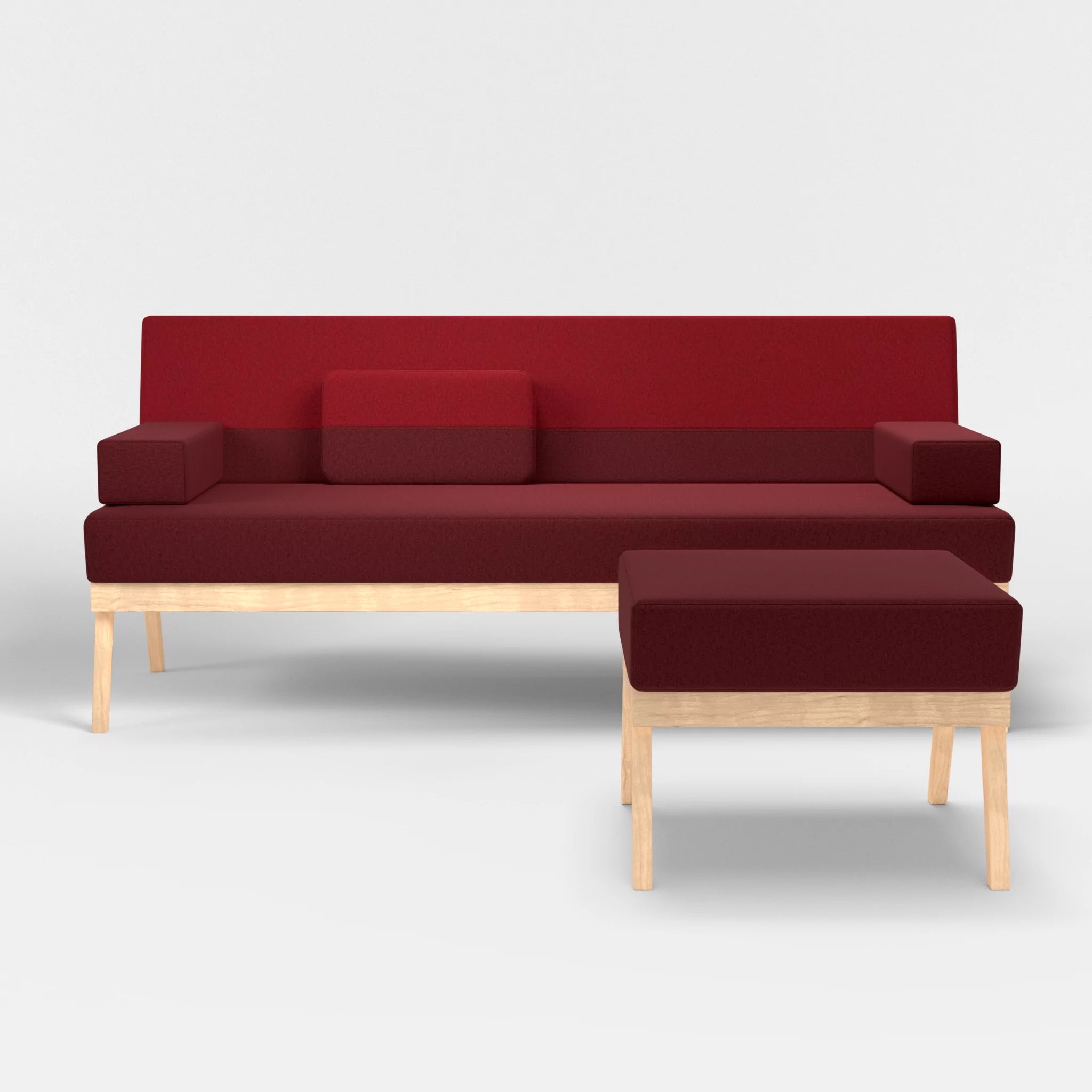 3er Sitzsofa Bauz mit Pouf dama0034-dama0053 in Bordeaux und Rot von vorne