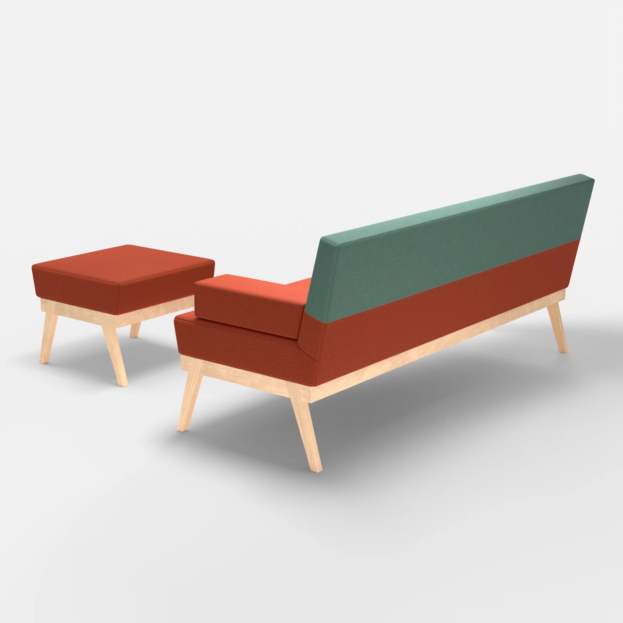 3er Sitzsofa Bauz mit Pouf dama0062-dama0045 in Orange und Türkis von hinten
