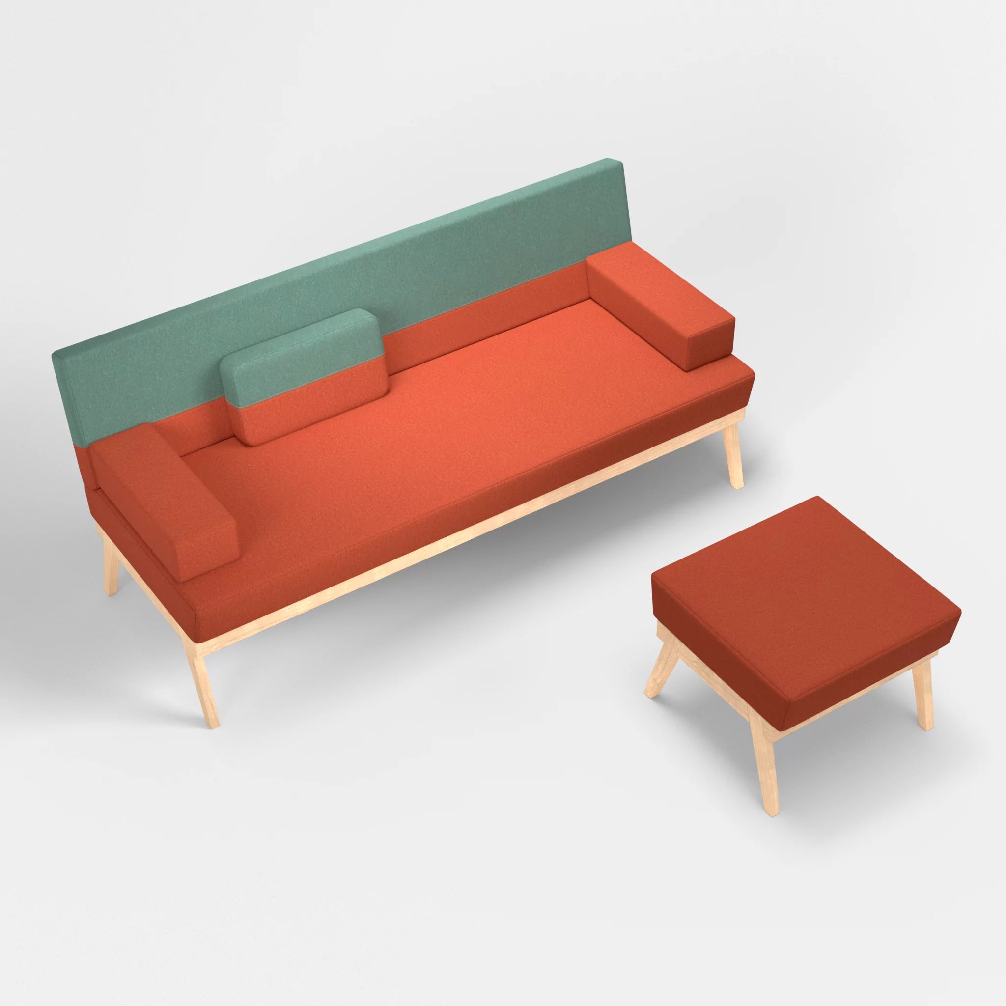 3er Sitzsofa Bauz mit Pouf dama0062-dama0045 in Orange und Türkis von oben