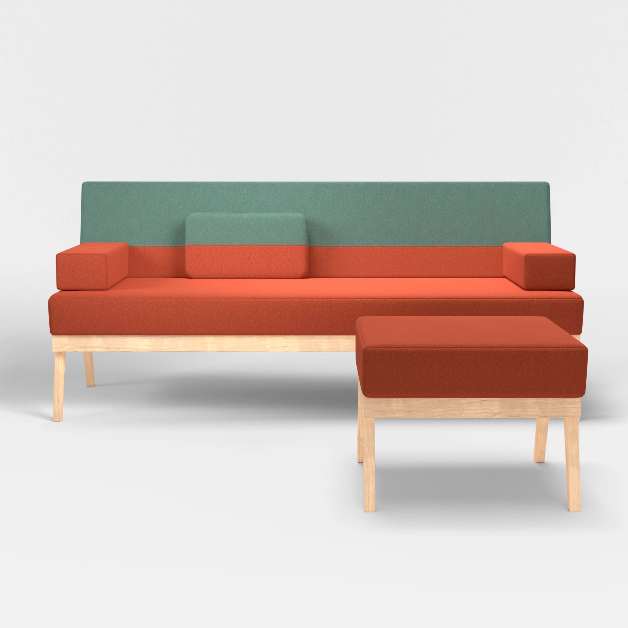 3er Sitzsofa Bauz mit Pouf dama0062-dama0045 in Orange und Türkis von vorne