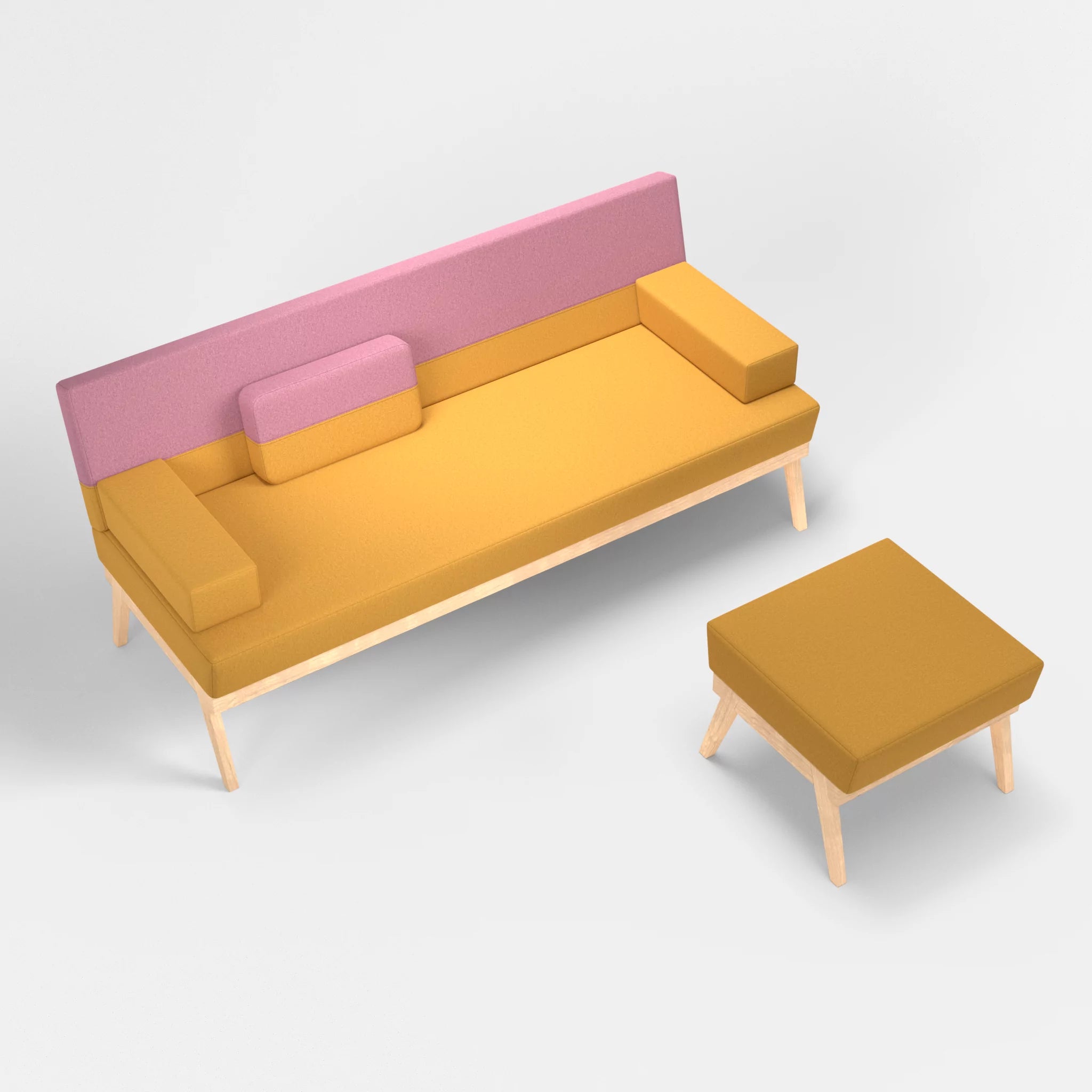 3er Sitzsofa Bauz mit Pouf dama0081-dama0084 in Curry und Rosa von oben