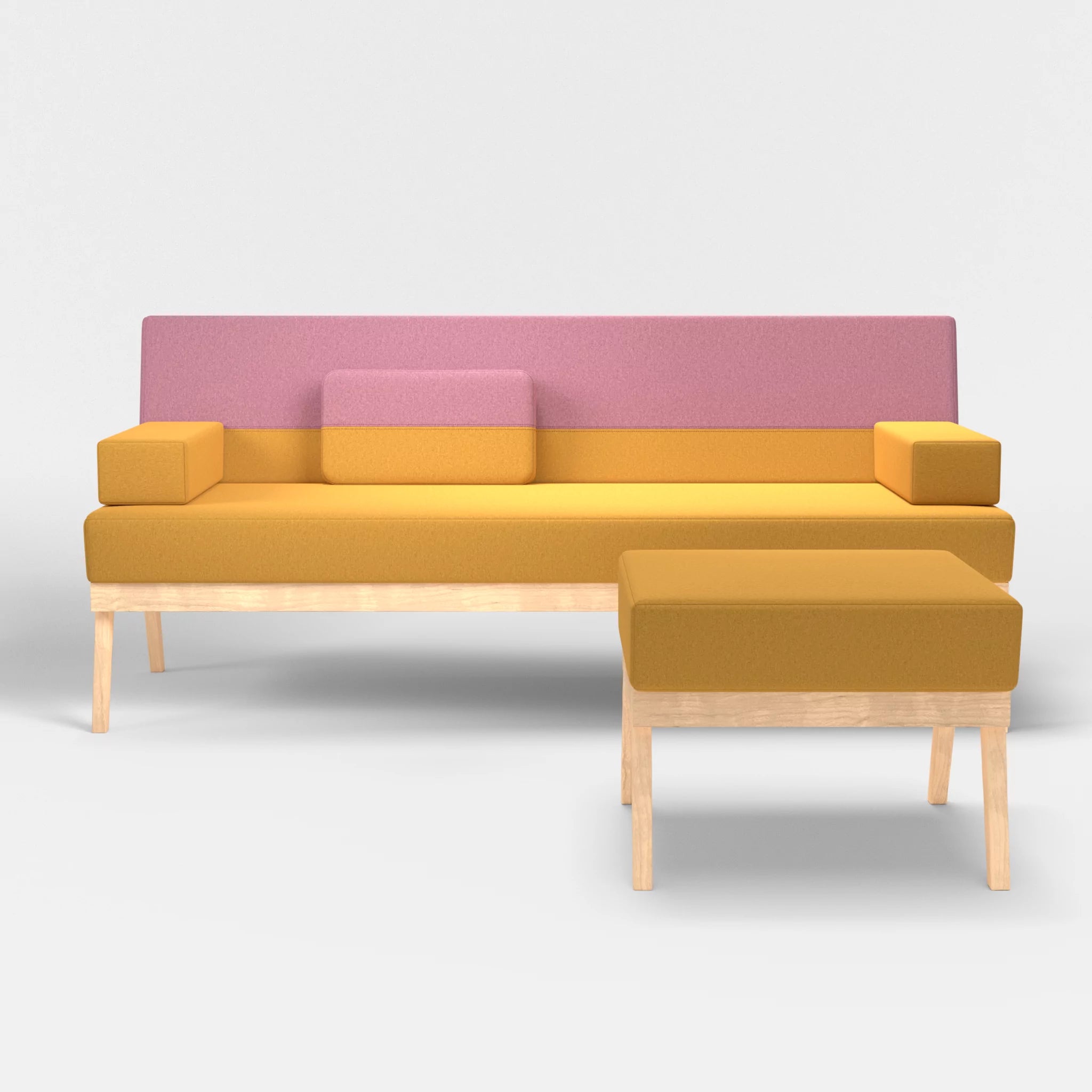 3er Sitzsofa Bauz mit Pouf dama0081-dama0084 in Curry und Rosa von vorne