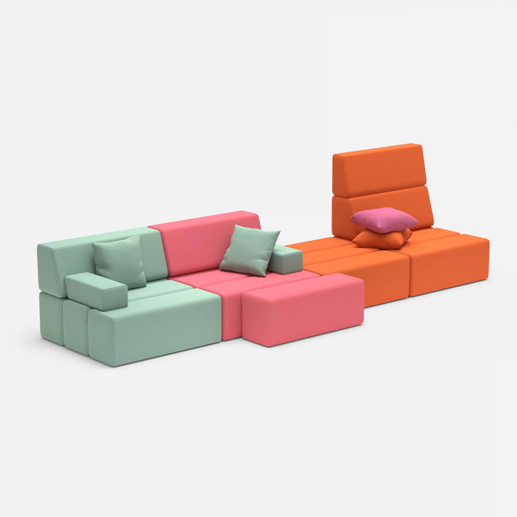 4 Sitzer Sofa Bricks 3 radio7045-radio3094 in Hellblau und Orange von der Seite