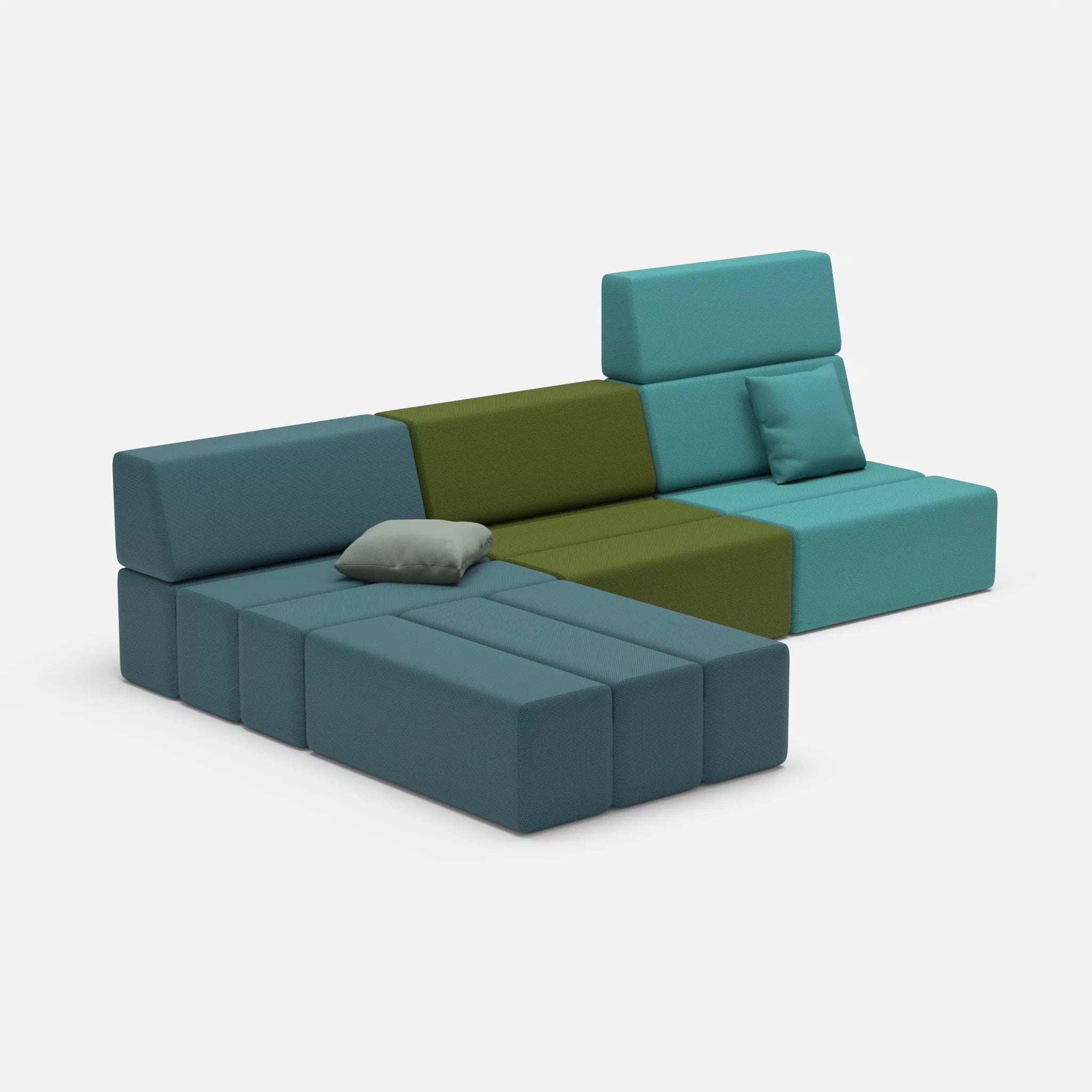 L Sofa Bricks 4 novumsamoa-novummoss in Dunkelblau und Grün von der Seite