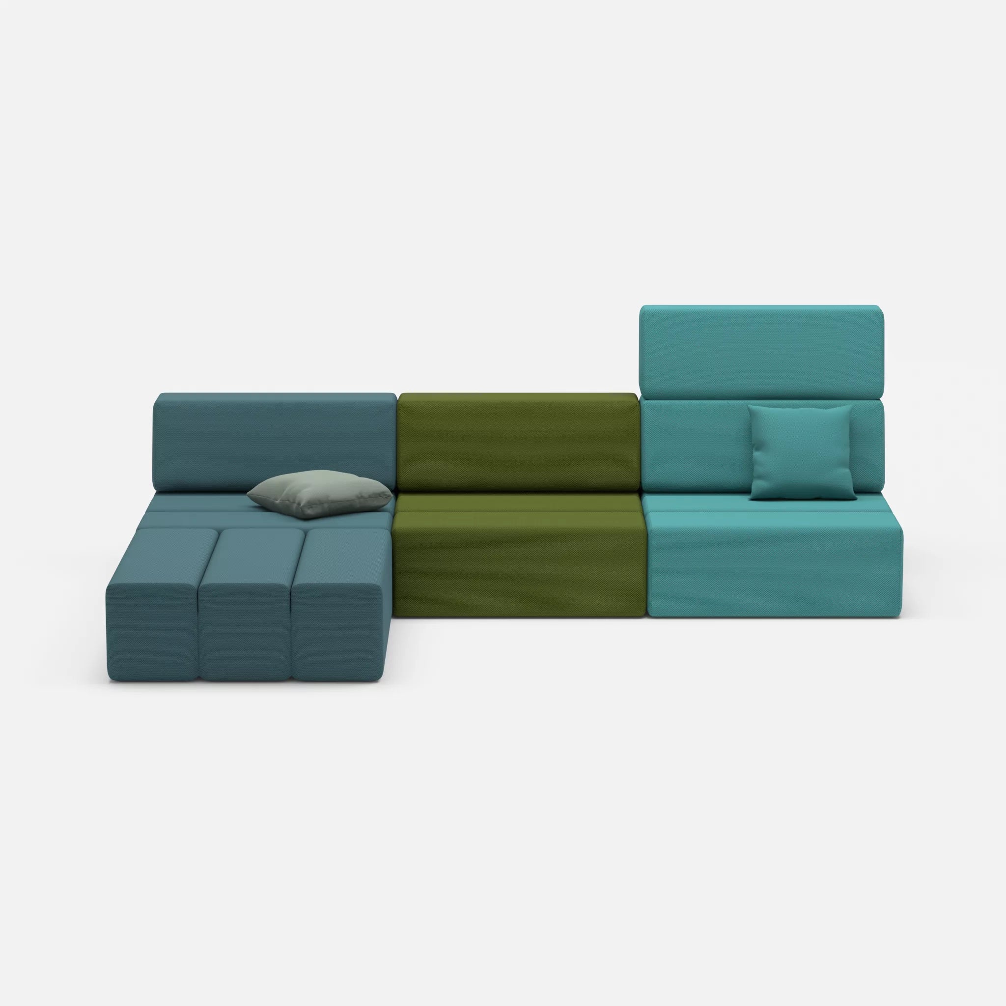 L Sofa Bricks 4 novumsamoa-novummoss in Dunkelblau und Grün von vorne