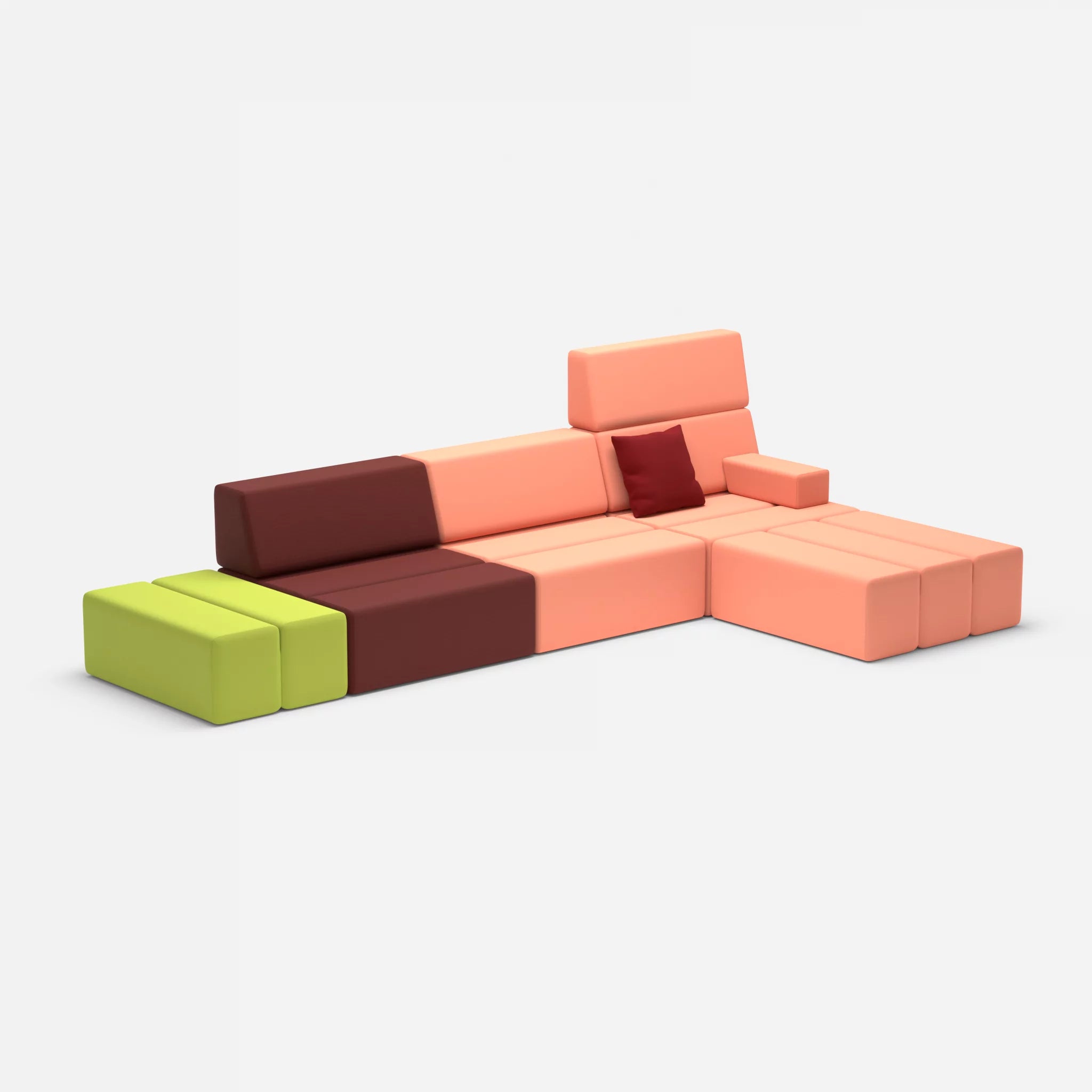L Sofa Bricks 5 radio4517-radio4046 in Dunkelrot und Coral von der Seite