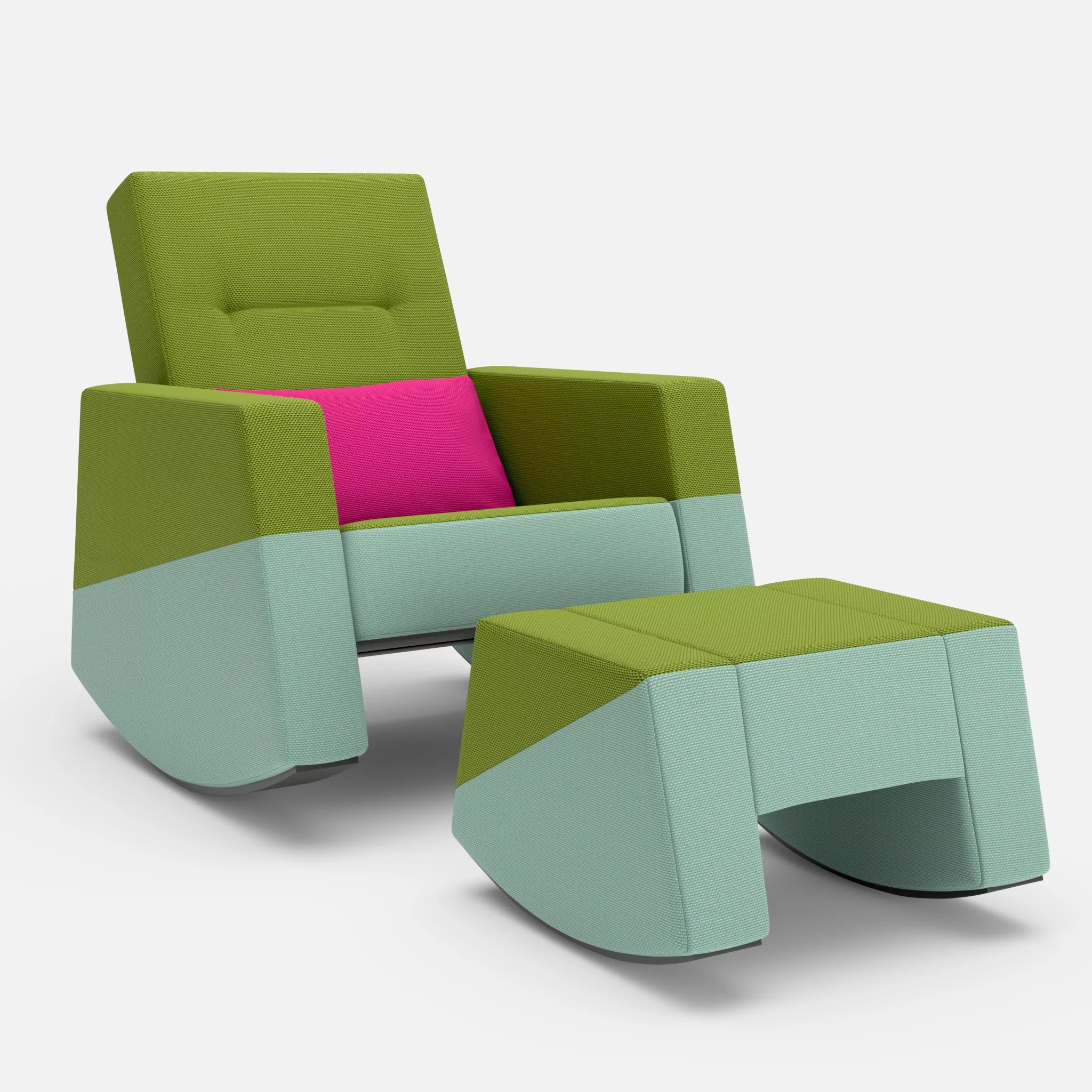 Schaukelsessel Softrocker mit Schaukelhocker novummoss-novumlagoon-novummagenta in Grün und Graublau und Magenta von vorne