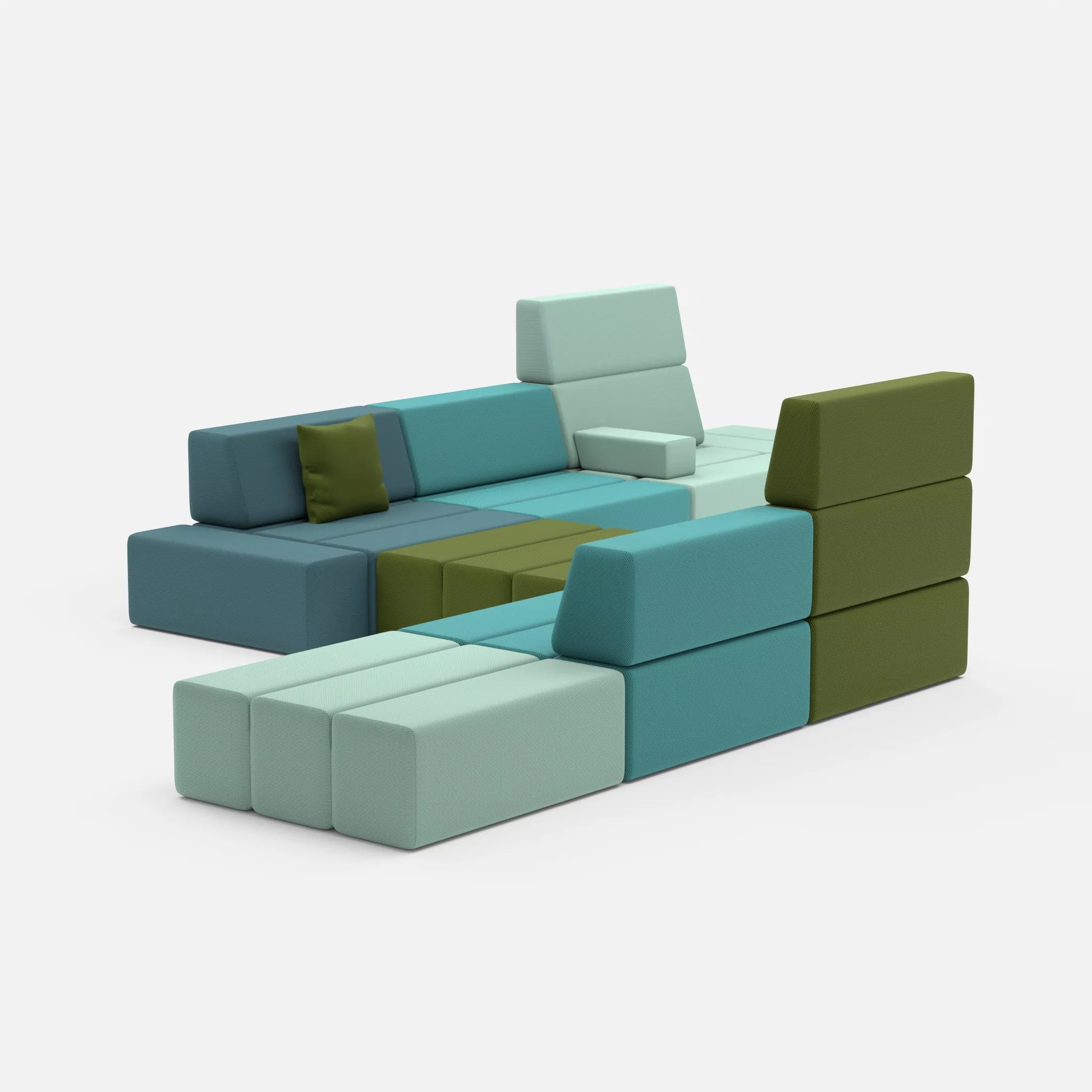 Sofalandschaft Bricks 1 novumlagoon-novummoss in Graublau und Grün von hinten