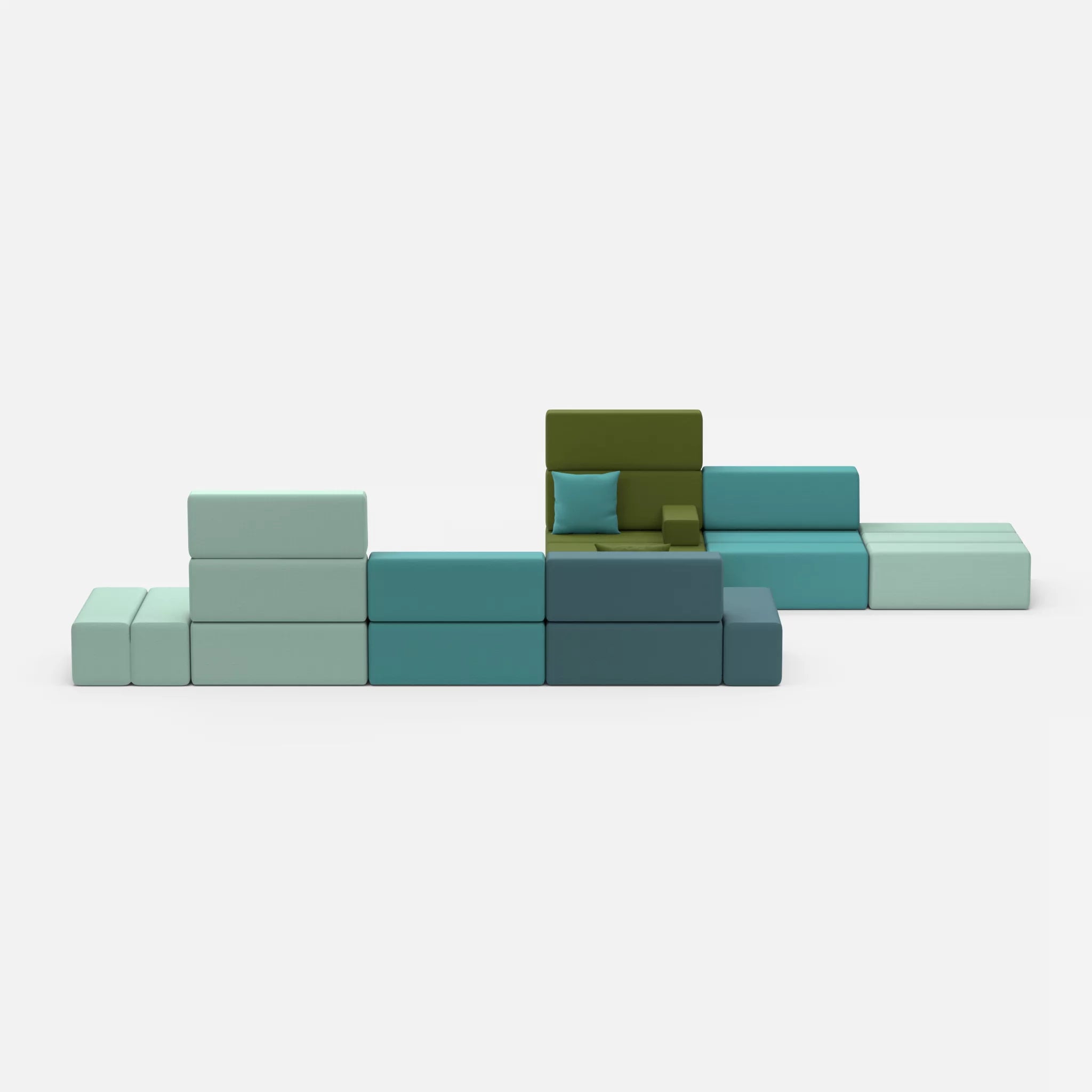 Sofalandschaft Bricks 1 novumlagoon-novummoss in Graublau und Grün von vorne