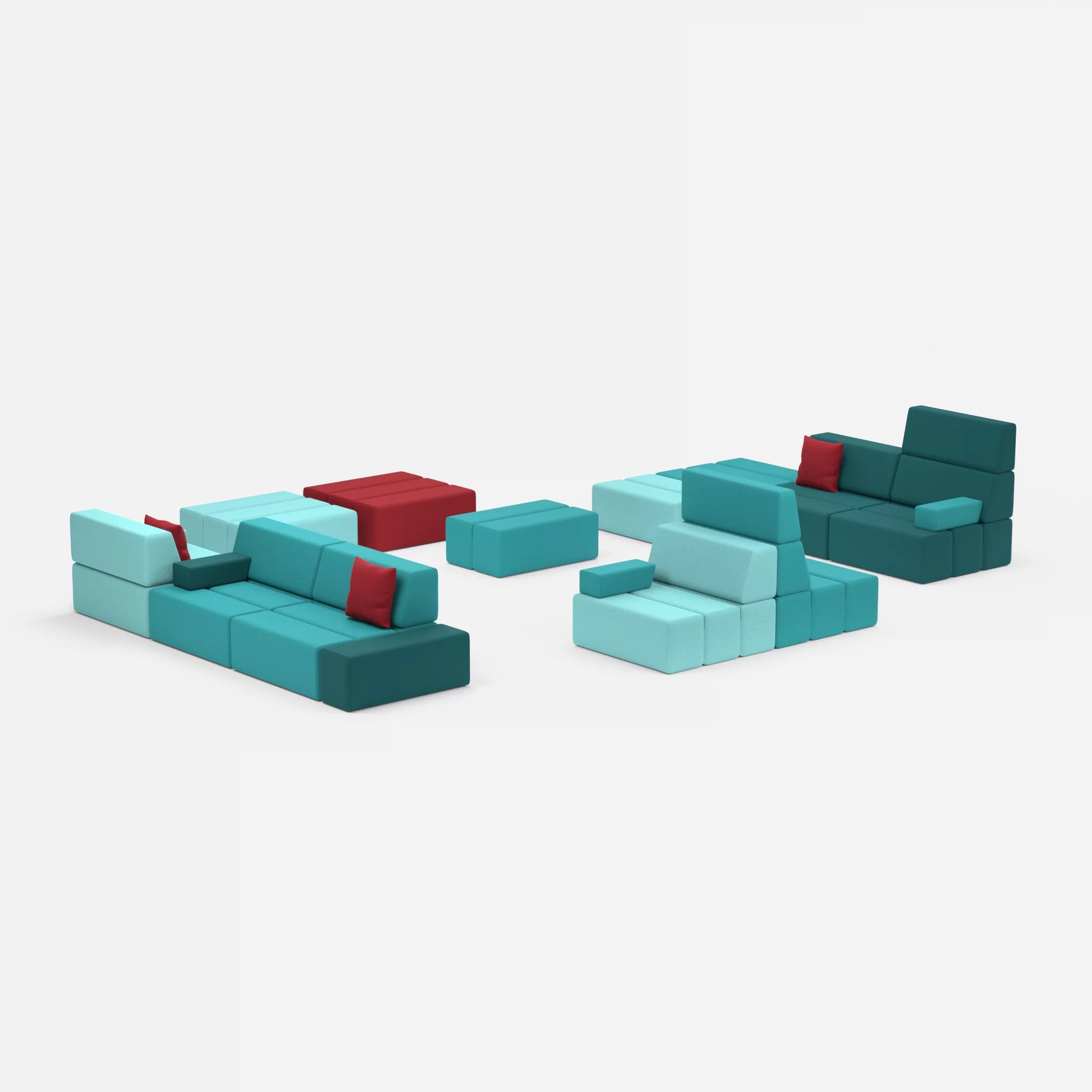 Sofalandschaft Bricks 4 dama0018-dama0053 in Türkis und Rot von der Seite